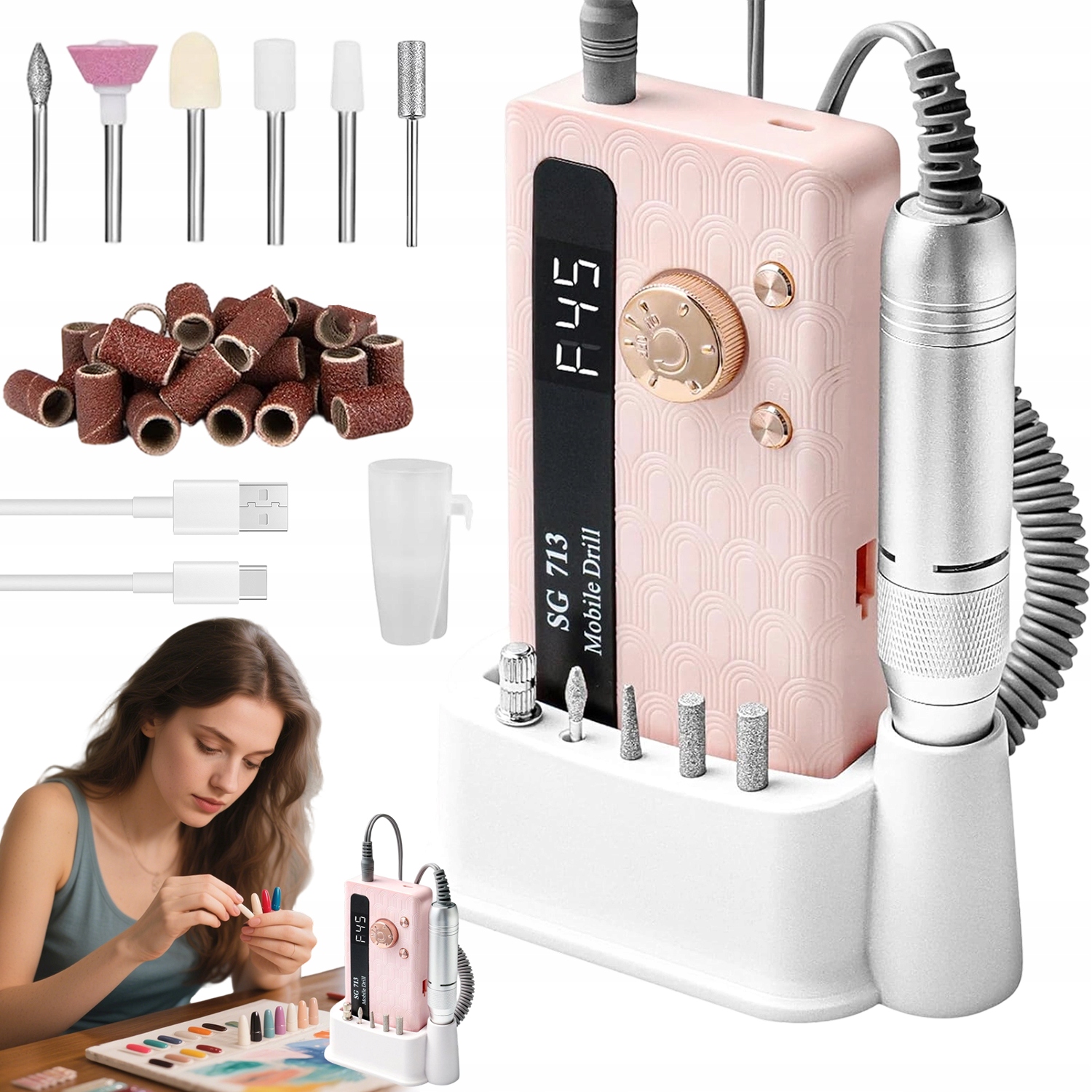 Pilník Na Nehty Elektrický Růžový 36W 45000 Rpm Usb Led Displej