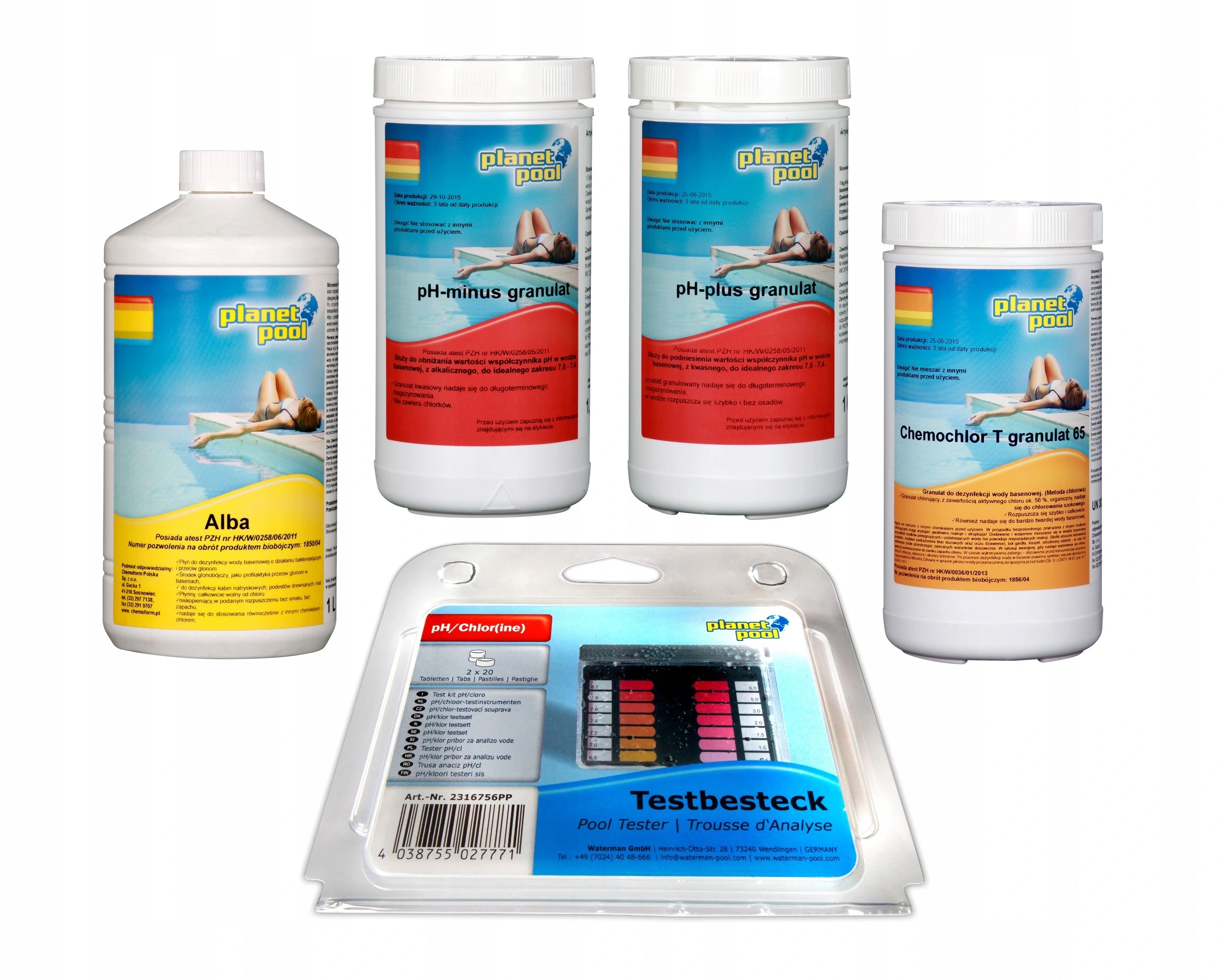 6w1 Starter Do Basenu Zestaw Startowy Chlor Szok Glony Ph Minus Plus Tester