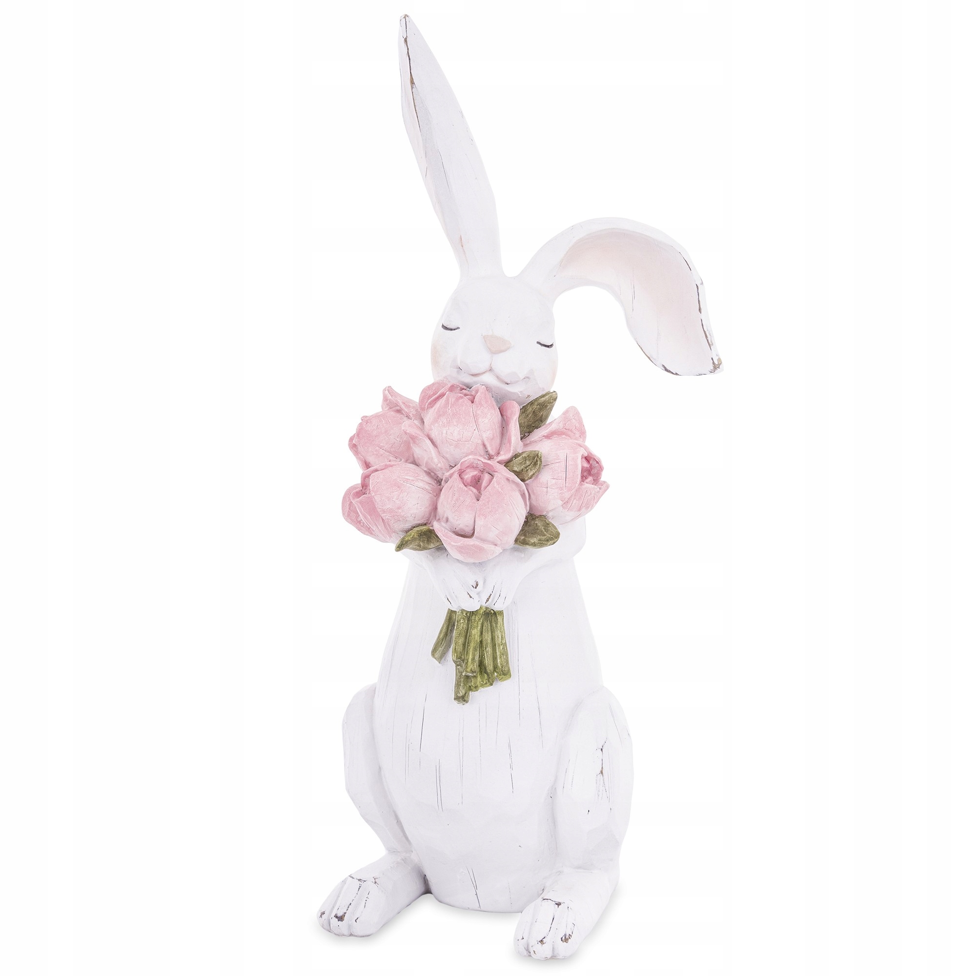 Figurka králíka s kyticí růží, bílá umělá, 45 cm