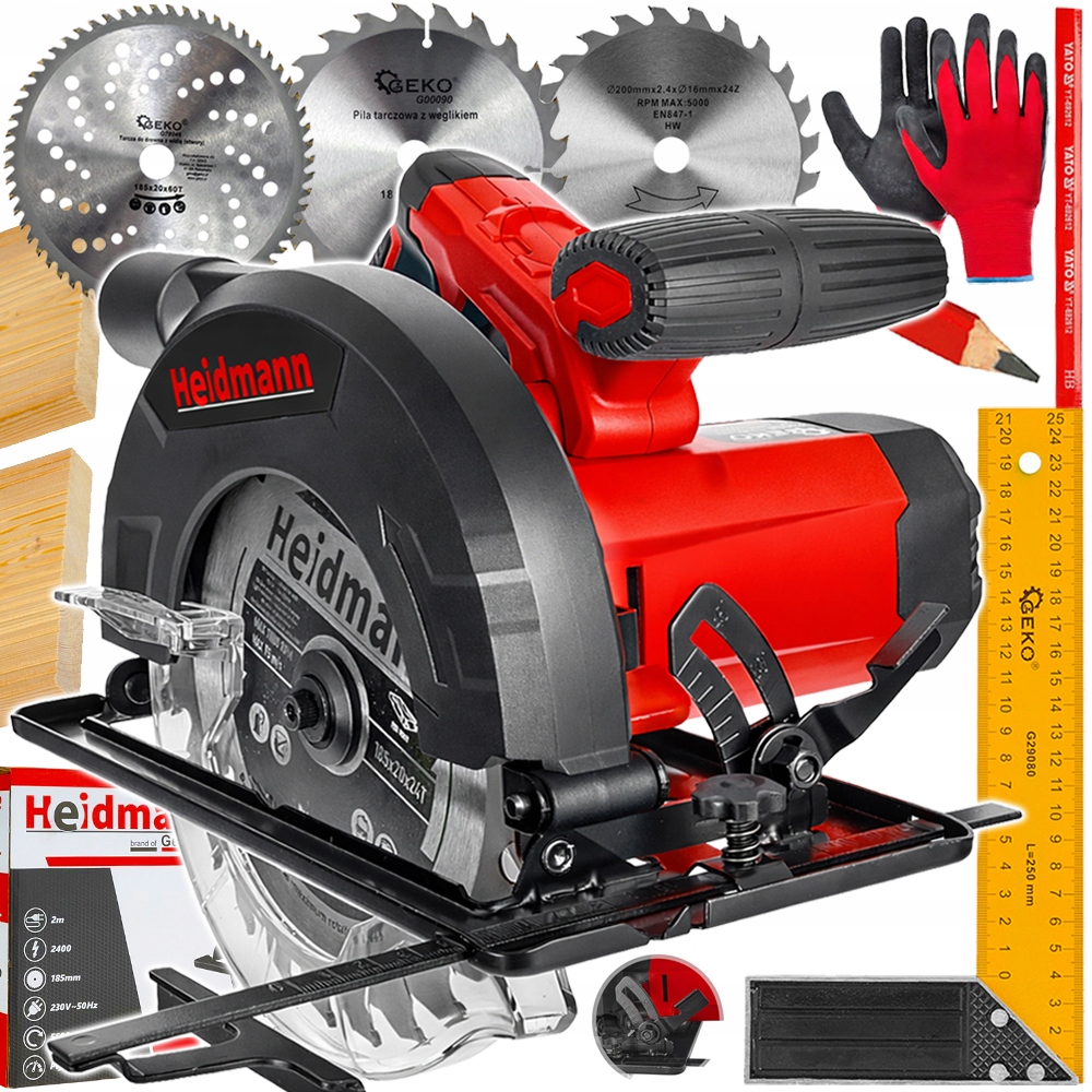 Piła Tarczowa Pilarka Ręczna Drewna Przecinarka 2400W 185mm Zestaw 3 Tarcze