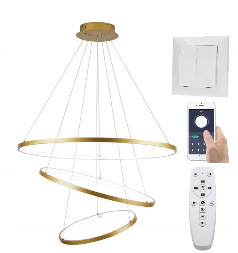Lampa Wisząca Ringi Złota 80 60 40 108W Pamięć Bluetooth Darmat Light 538