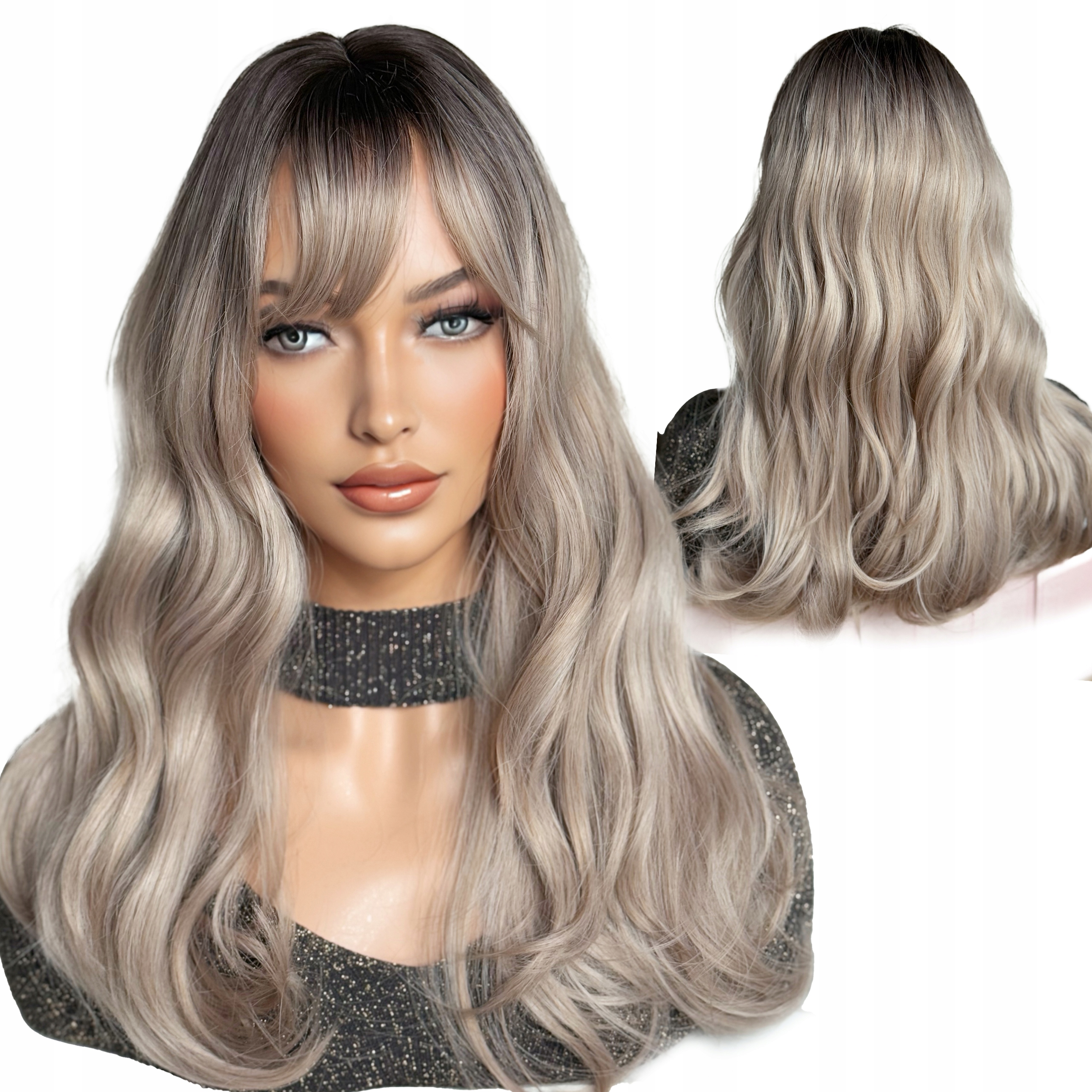 Paruka umělé syntetické vlasy ombre Vlny Chladný blond s ofinou pěkná