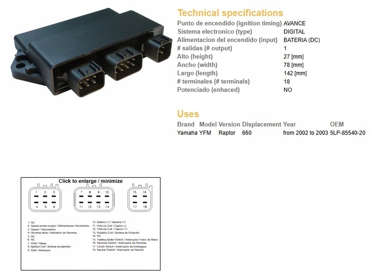 Modul Zapaľovania CDI Yamaha Yfm 660 Raptor '02-'03 (OEM-5LP-85540-20) ()