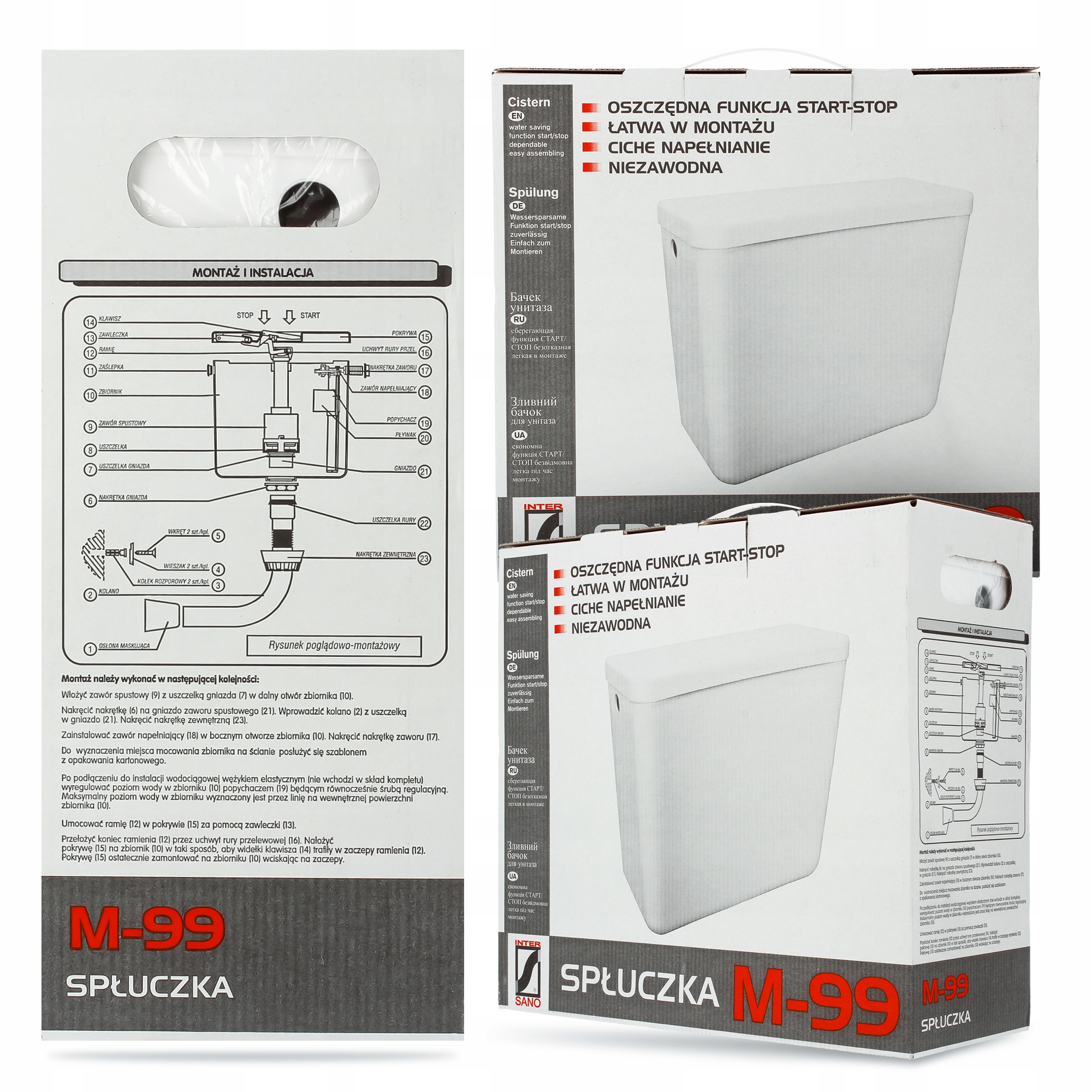 SPŁUCZKA WC Dolnopłuk TOALETOWA Zbiornik na Wodę Kompakt START STOP Zawory Marka Inter-Sano
