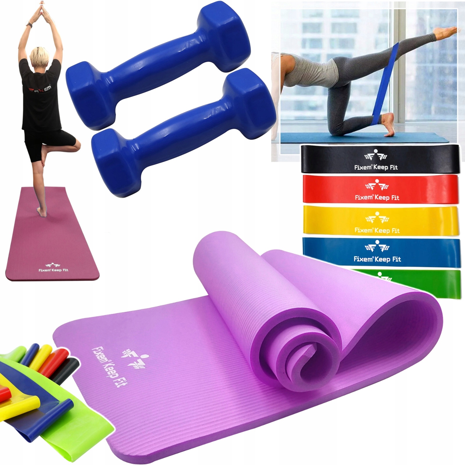Mata Gimnastyczna Do Jogi Fitness 1,5cm 190x63cm Taśmy Gumy 2X Hantla 1kg