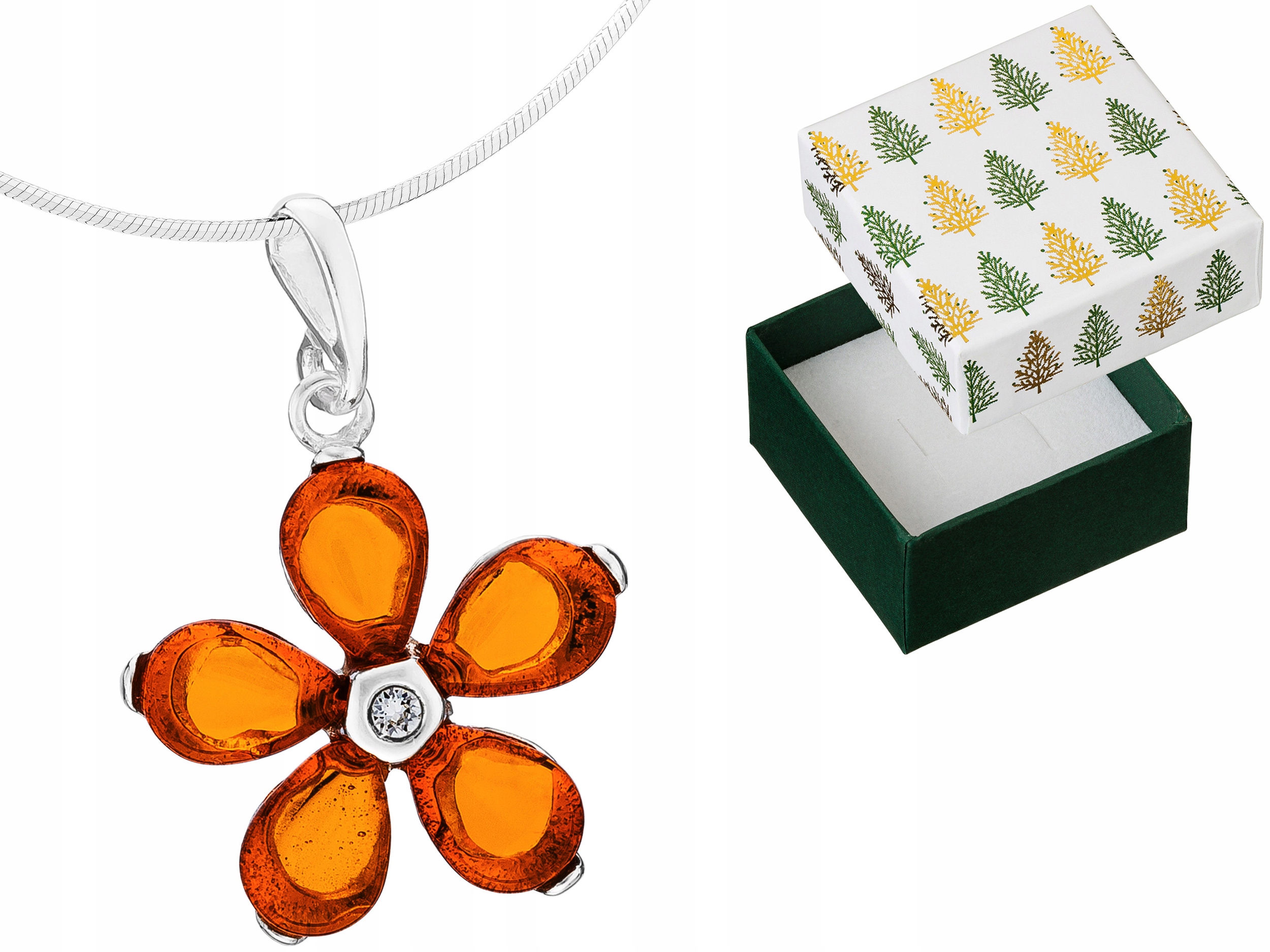 Elegantní květinový náhrdelník Stříbrný květ s jantarem a zirkony 75 cm