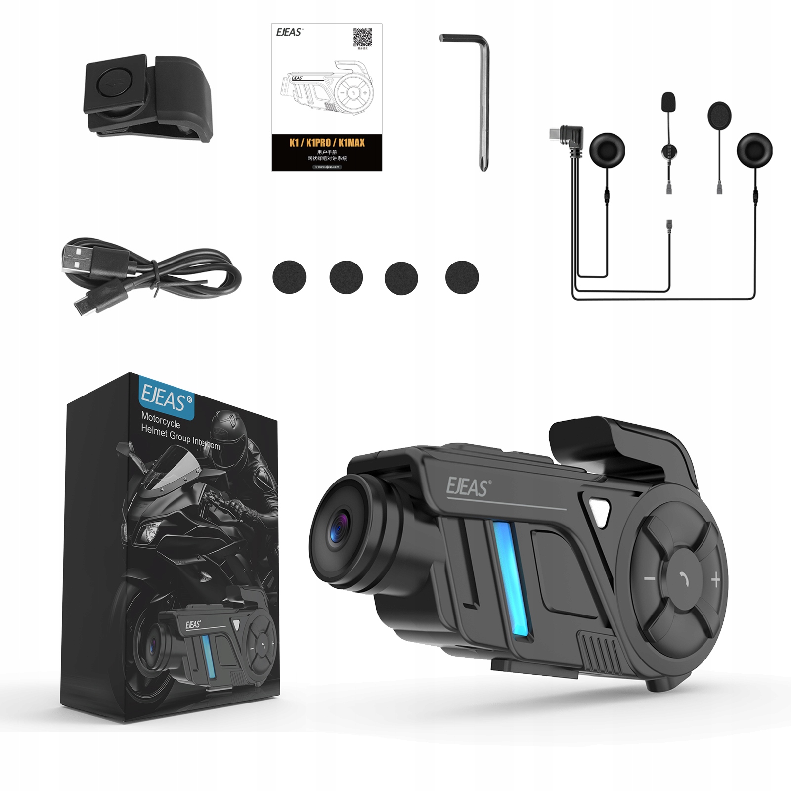 Motocyklový Interkom Ejeas K1 Kamera 2K Foto Video 1000 m Wifi Mesh 4 Osoby