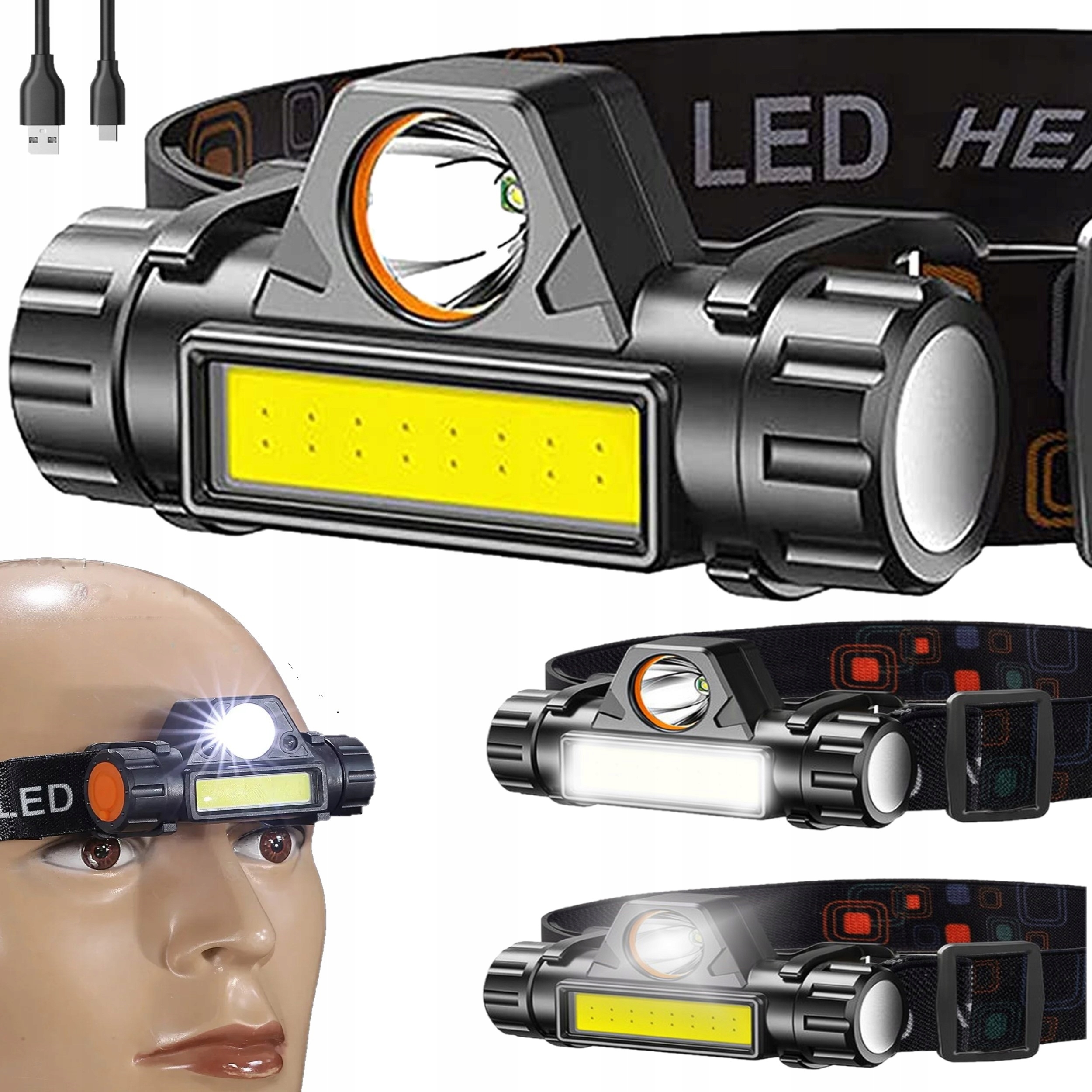 Latarka Czołowa Led Na Akumulator Czołówka Cob 4W1 Z Magnesem Mocna Usb