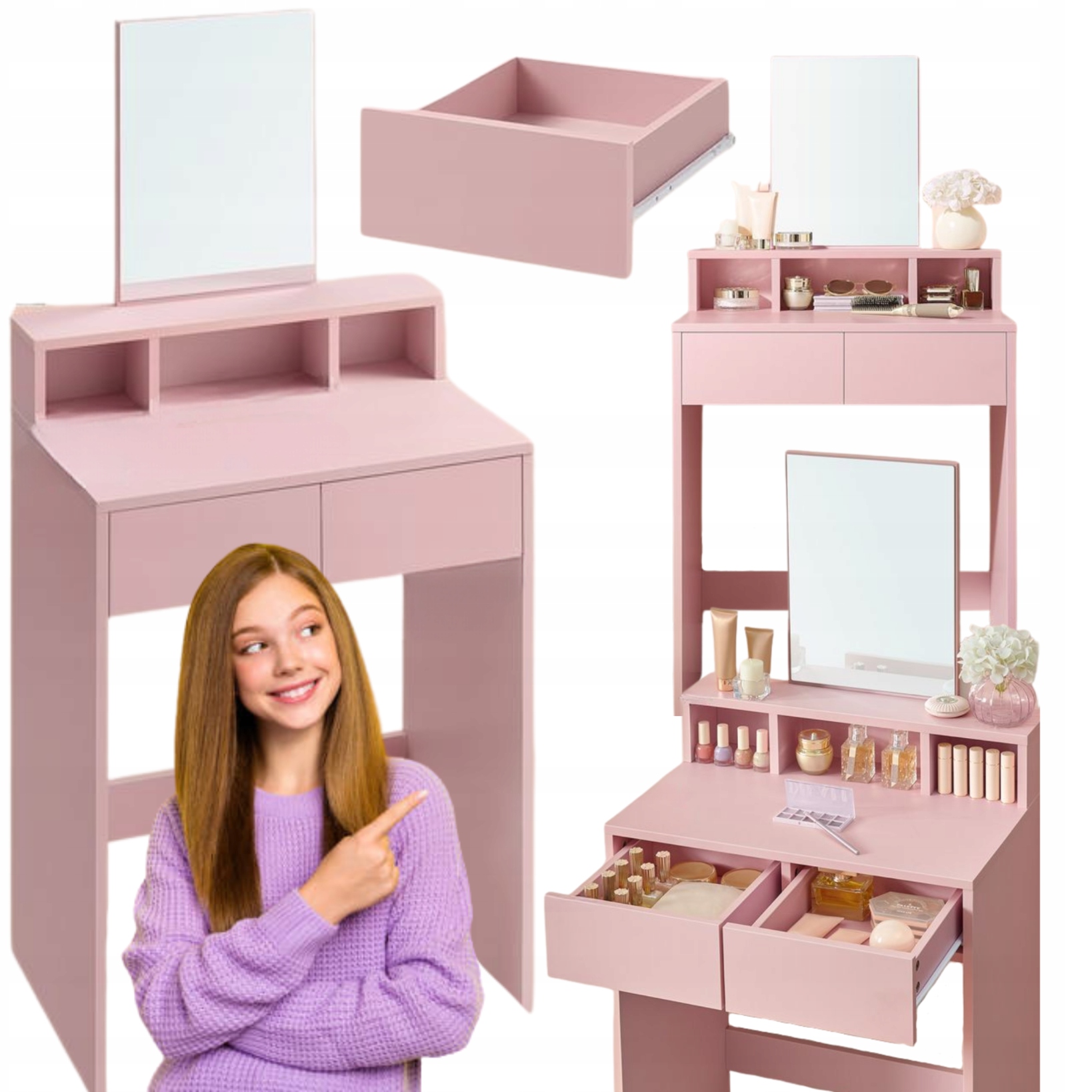 Malá toaletná skrinka Ružová so zrkadlom Kozmetický stolík Polička so zásuvkami