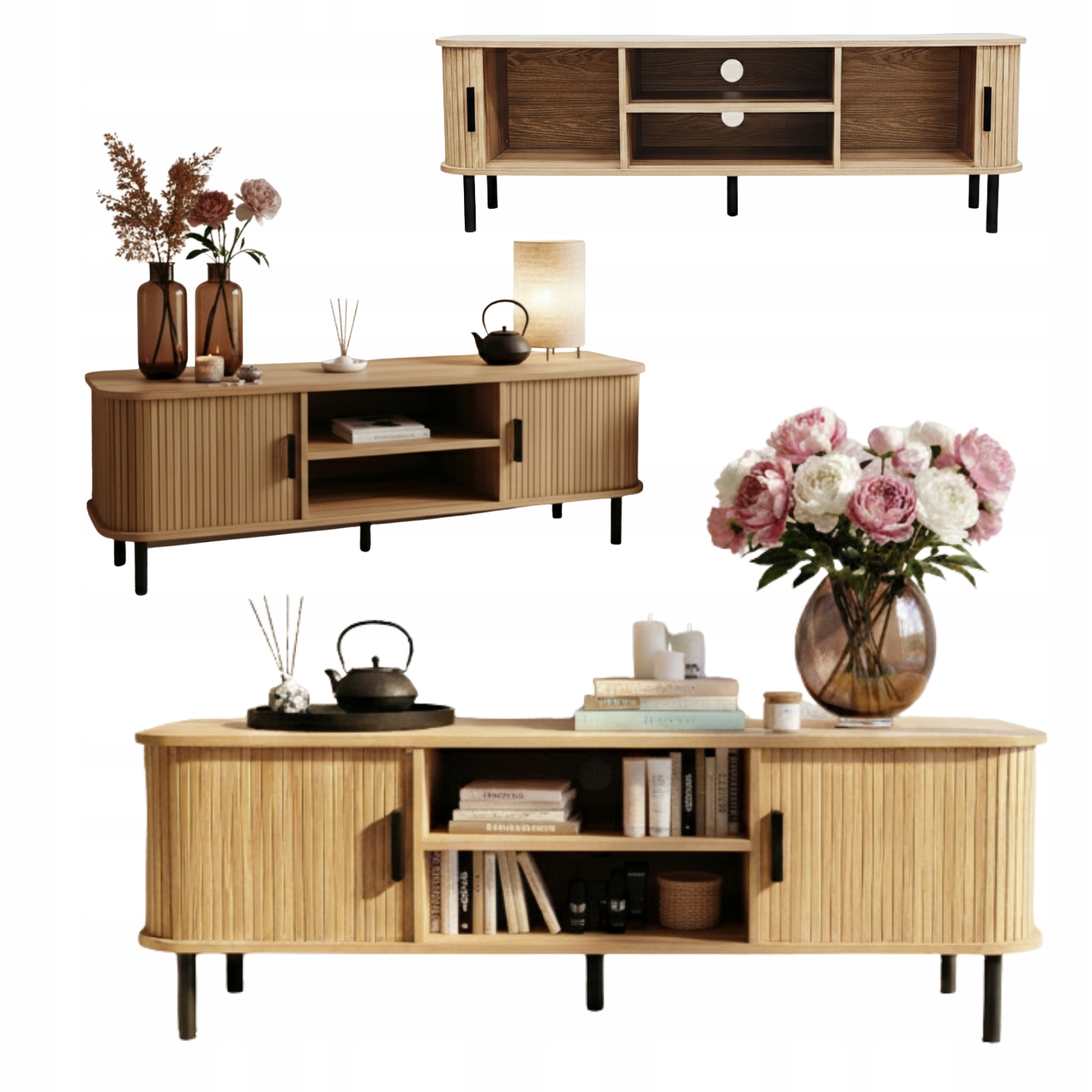 SZAFKA RTV RYFLOWANA 140X40X46 CM BRĄZOWA POD TELEWIZOR DRZWI HARMONIJKOWE