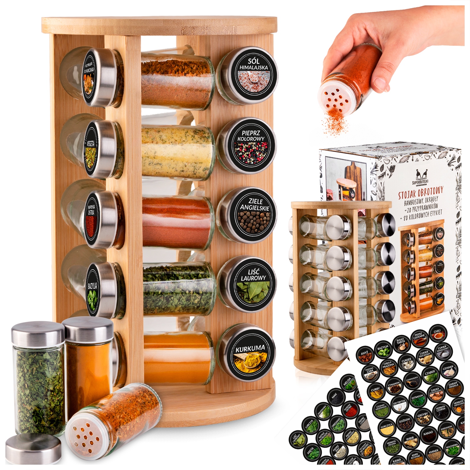 Stojak Na Przyprawy Przyprawnik Drewniany 20X Słoiczki Do Przypraw Naklejki