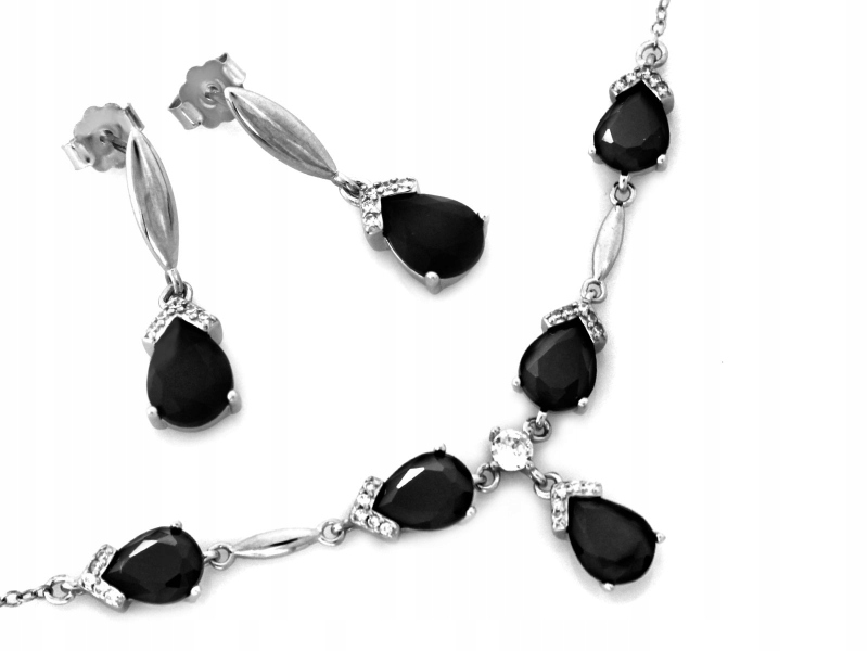 Stříbrný komplet 925, náhrdelník a náušnice se zirkony a černými kameny