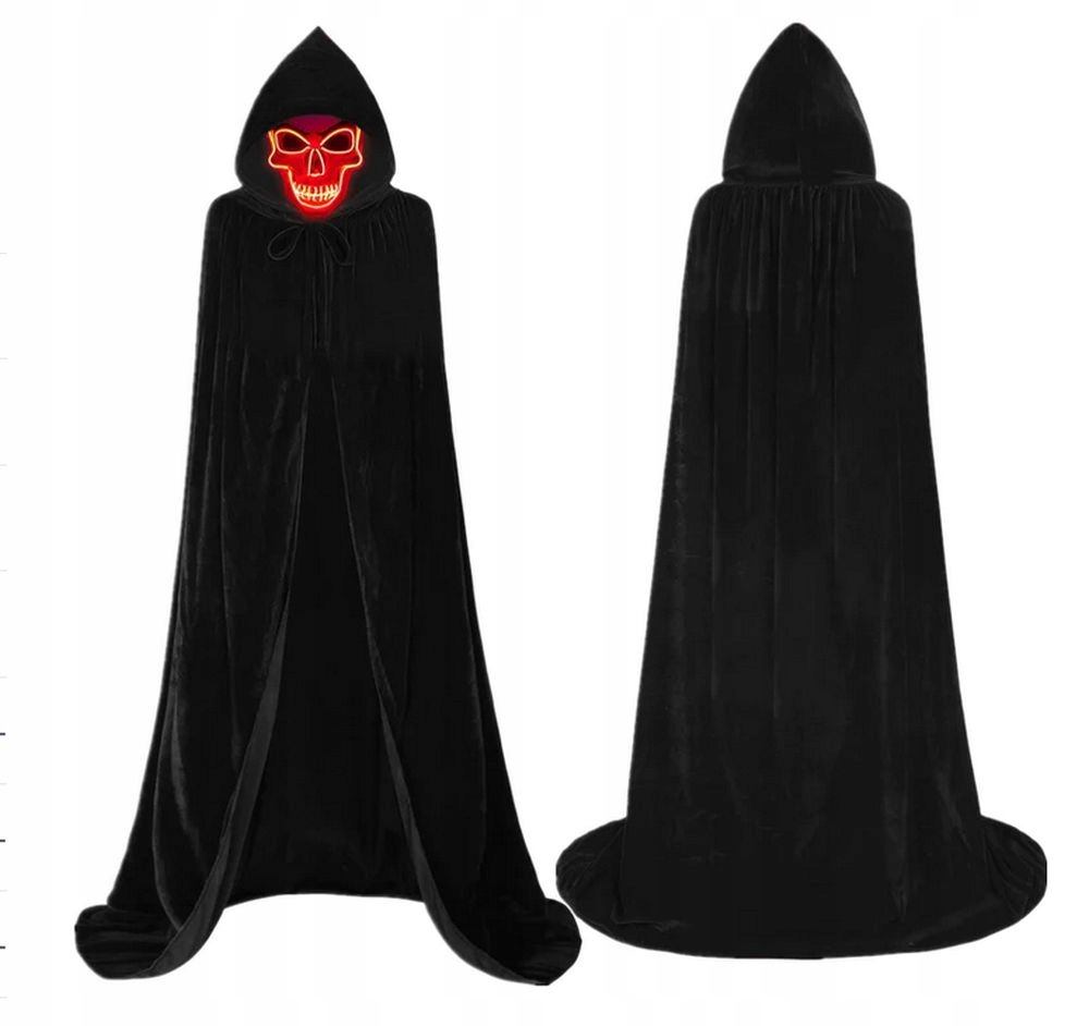 PRZEBRANIE KOSTIUM PELERYNA Z KAPTUREM + ŚWIECĄLA MASKA LED CZARNA ROZ. L Postać/temat duch