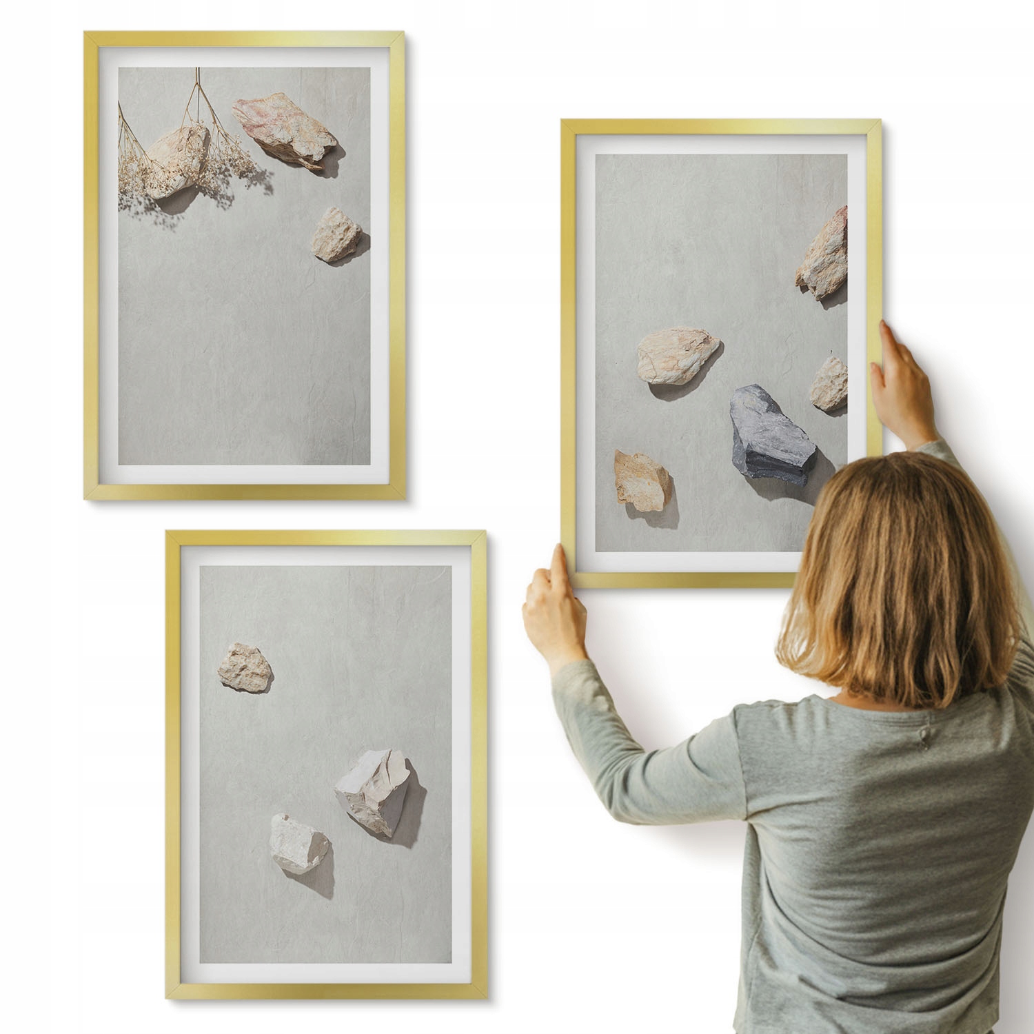 Sada 3 obrazů 40x60 cm do obývacího pokoje Triptych Boho kameny pláž dekorace