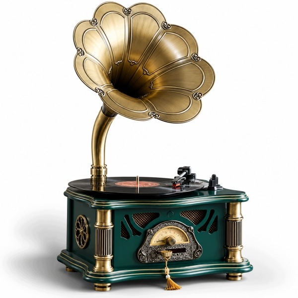 Vintage gramofon Rose Bella, trubkový reproduktor, dubové dřevo, zelený