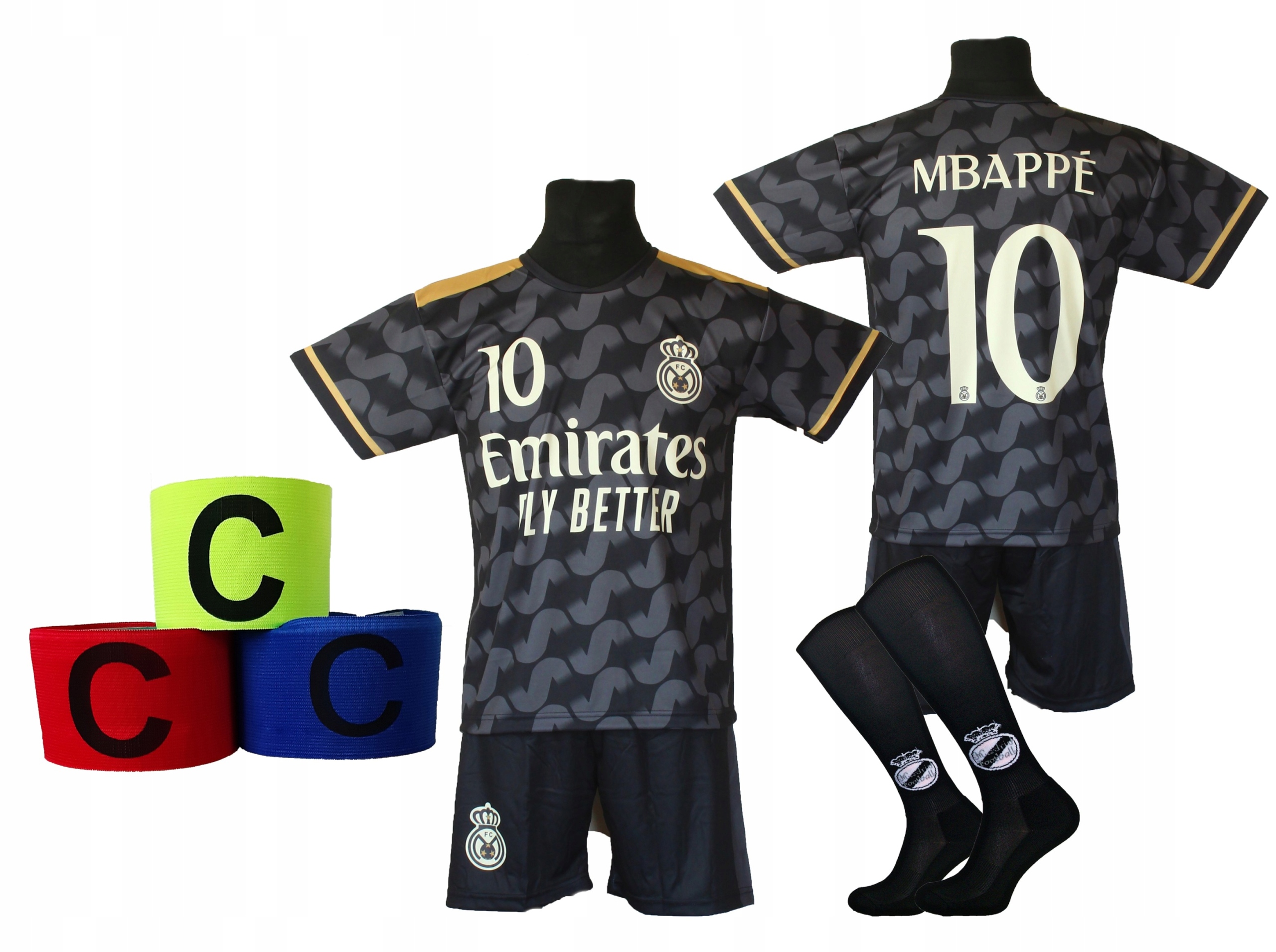 Strój Piłkarski Mbappe czarny koszulka spodenki getry opaska r. 152