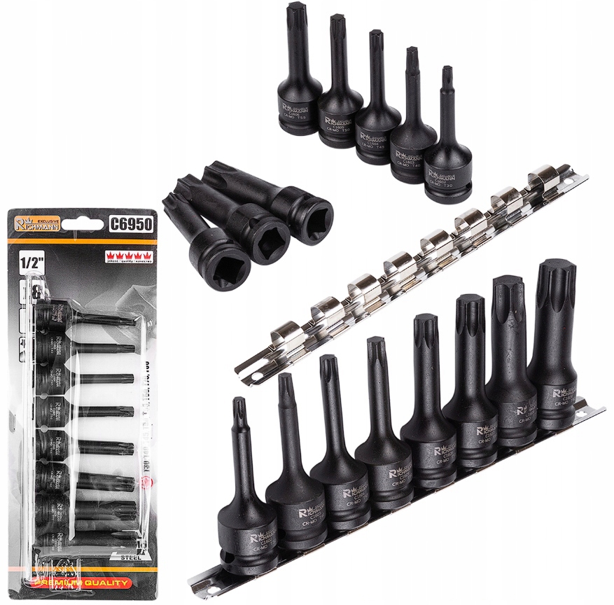 Sada Nástrčných Úderových Klíčů Torx 1/2 78 MM T30-T80 Lištová Lišta 8 Ks