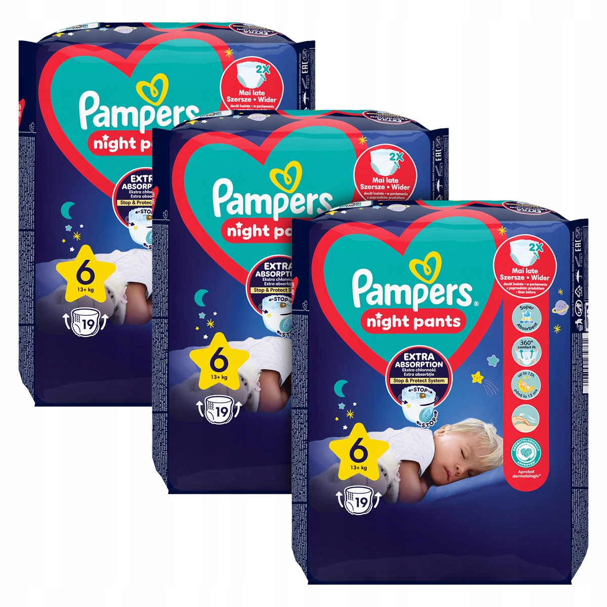 Zestaw Pampers Night Pants Pieluchomajtki rozmiar 6 13kg+ 3x19 szt.