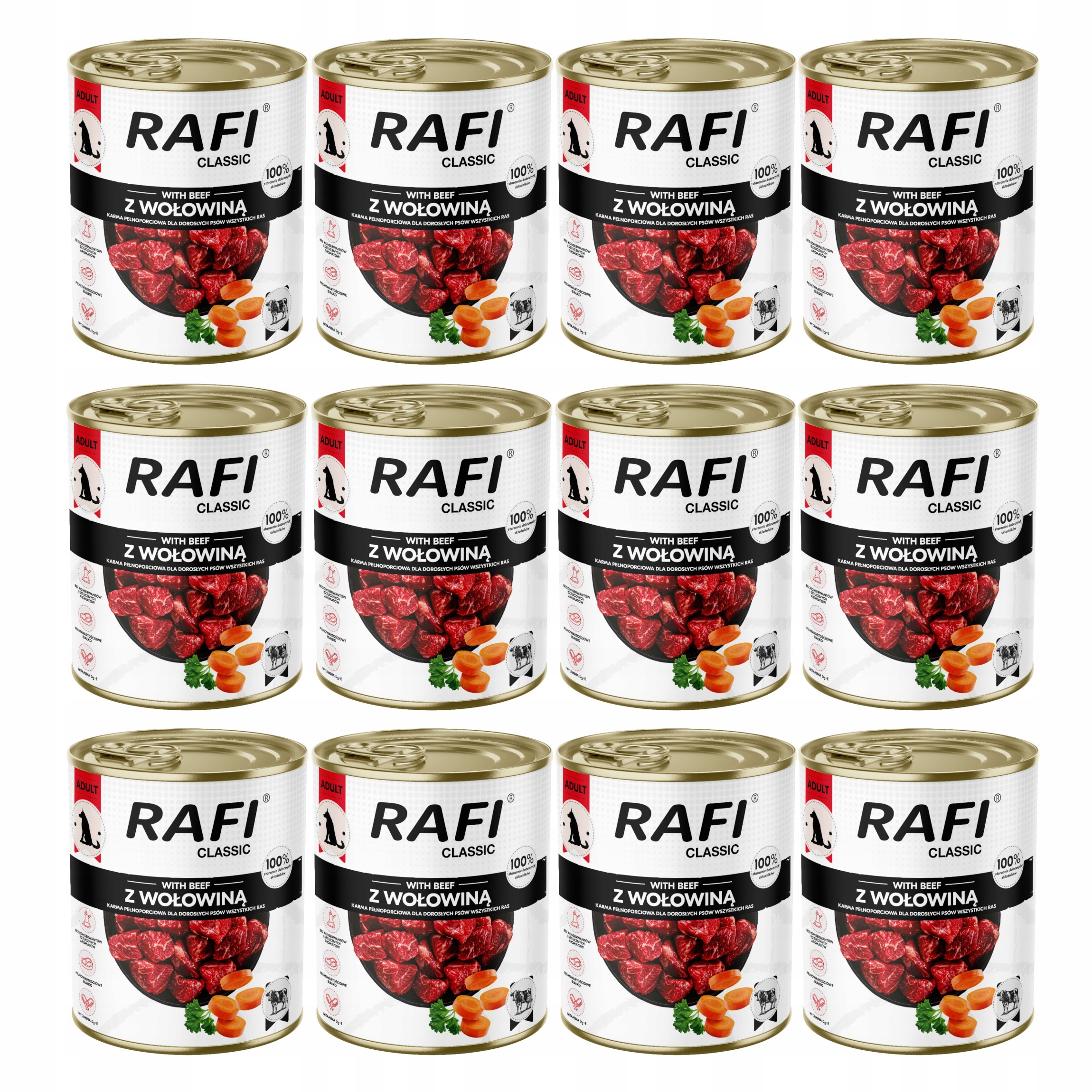 12 x Krmivo pro psy Rafi Classic s hovězím masem 800 g
