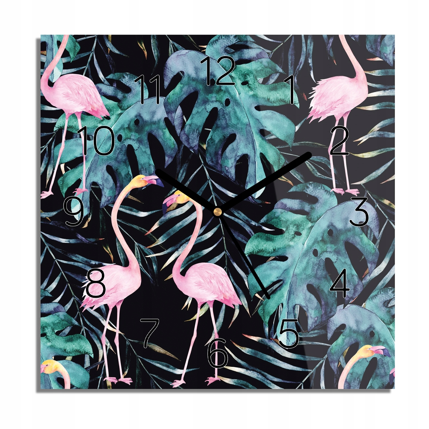 

Flamingi liście wzór zegar na szkle kwadrat 30x30
