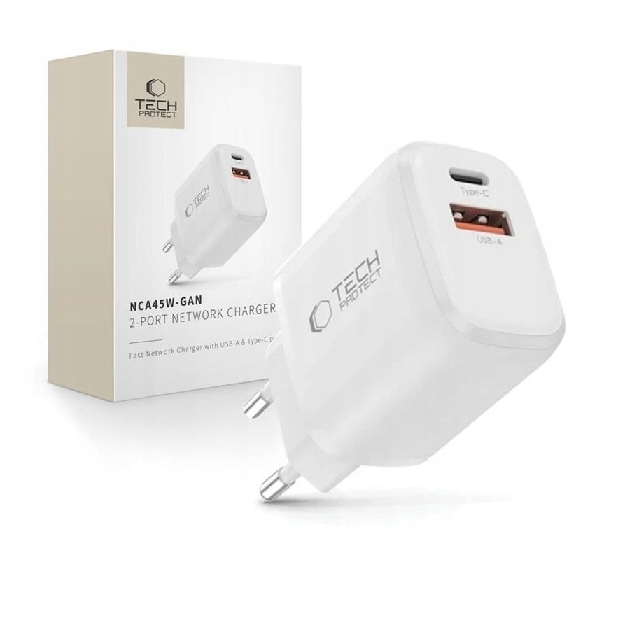 Ładowarka sieciowa 2-port Tech-Protect NCA45W-GAN Pd 45W QC3.0 biała