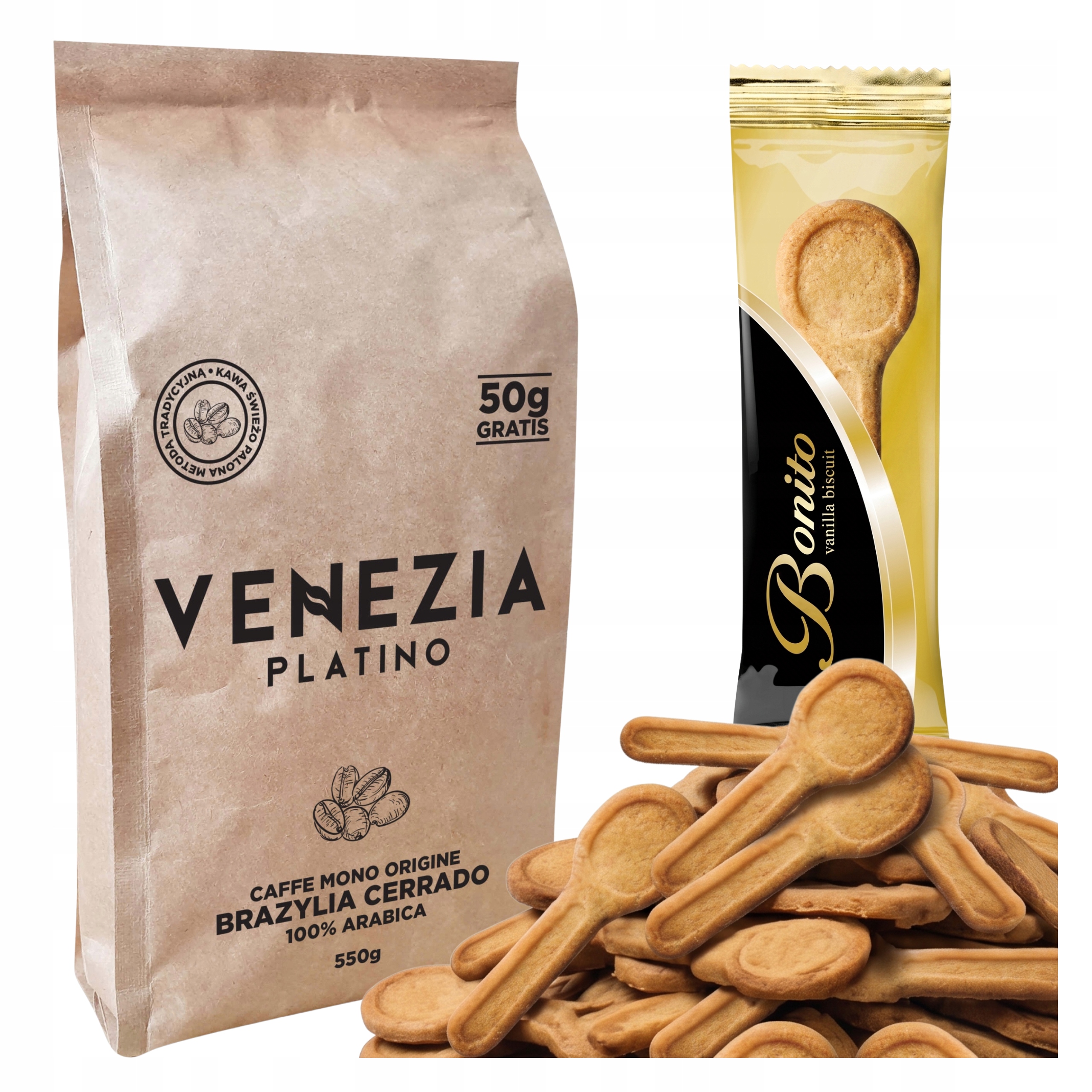 Kawa Ziarnista Arabica Venezia Platino 550g Ciasteczka Włoskie Waniliowe