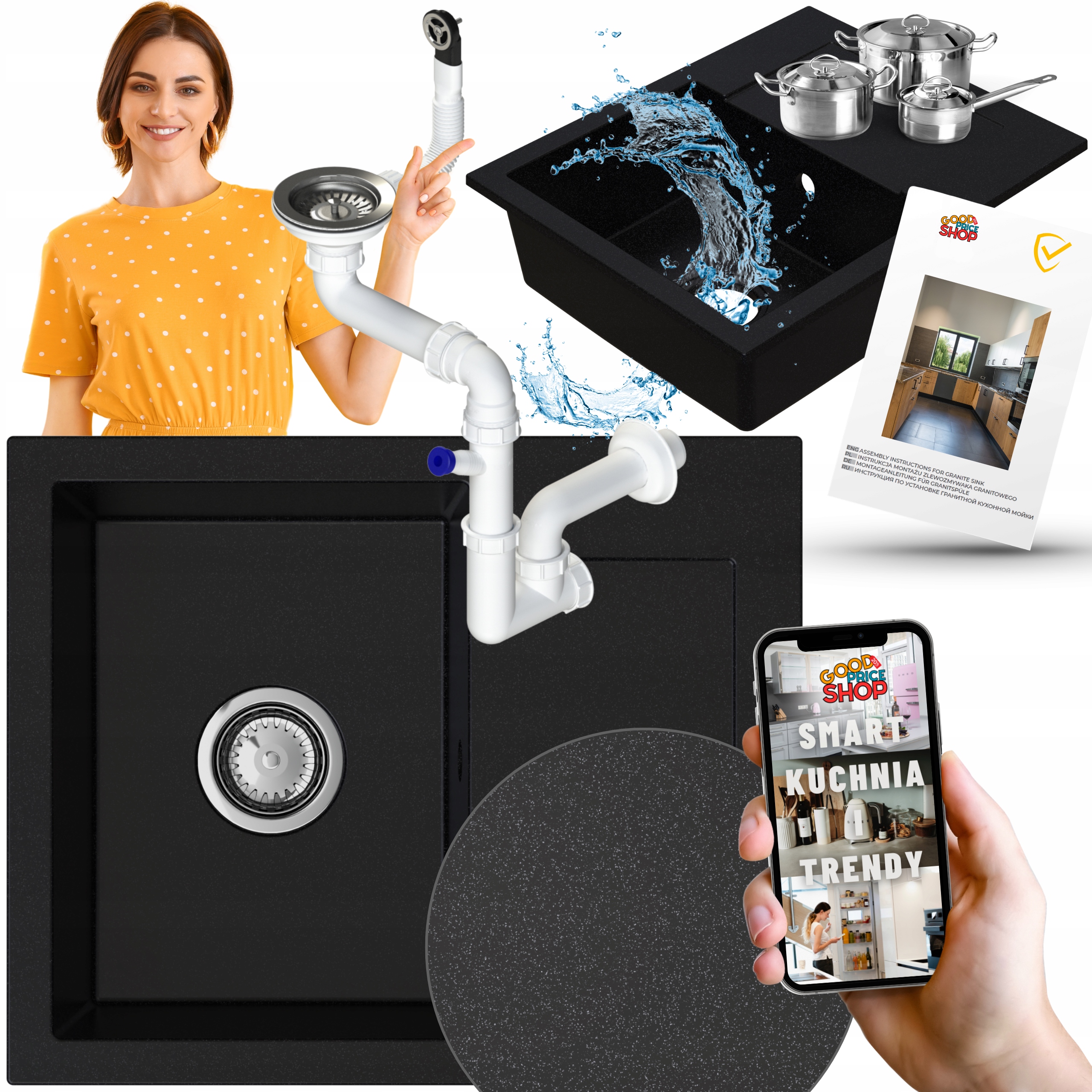 Jednokomorový Granitový Dřez S Odkapávačem, Černý, Skvrnitý Sifon