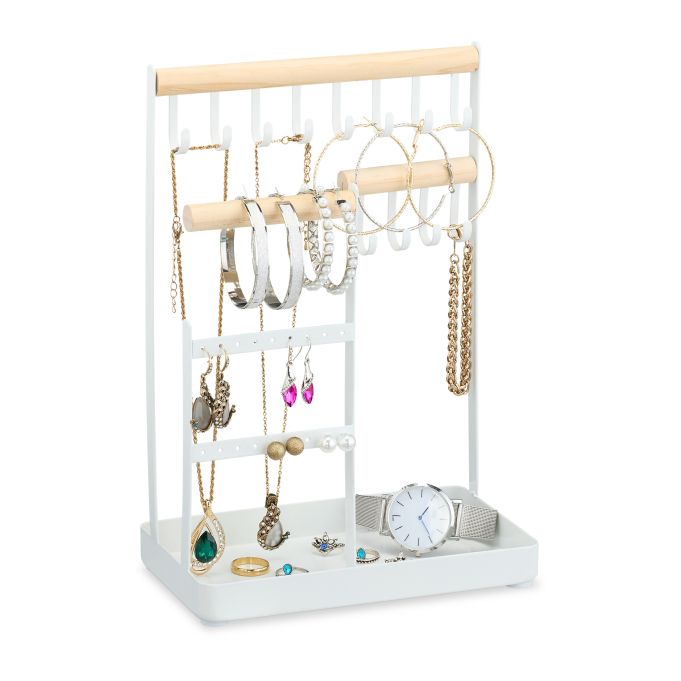 Stojan na šperky Bílý z kovu a dřeva na Náušnice Řetízky