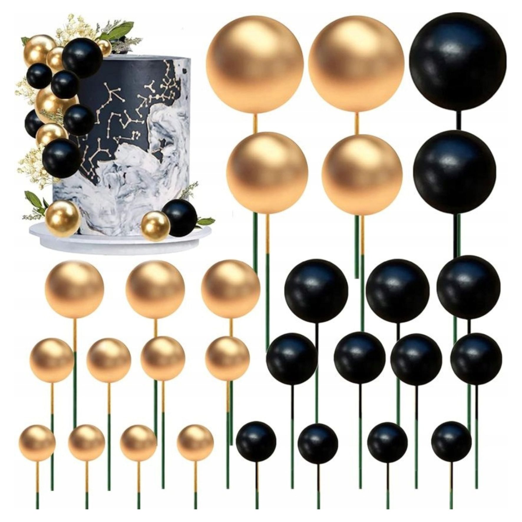 Kule Złote I Czarne MIX Kule Kulki Dekoracja Na Tort 50 Sztuk