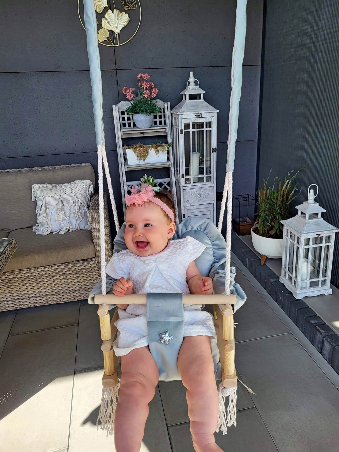 Huśtawka 3w1 dla dzieci Usztywniona SERCE Róż Szary Pasy CE Kod producenta H00002