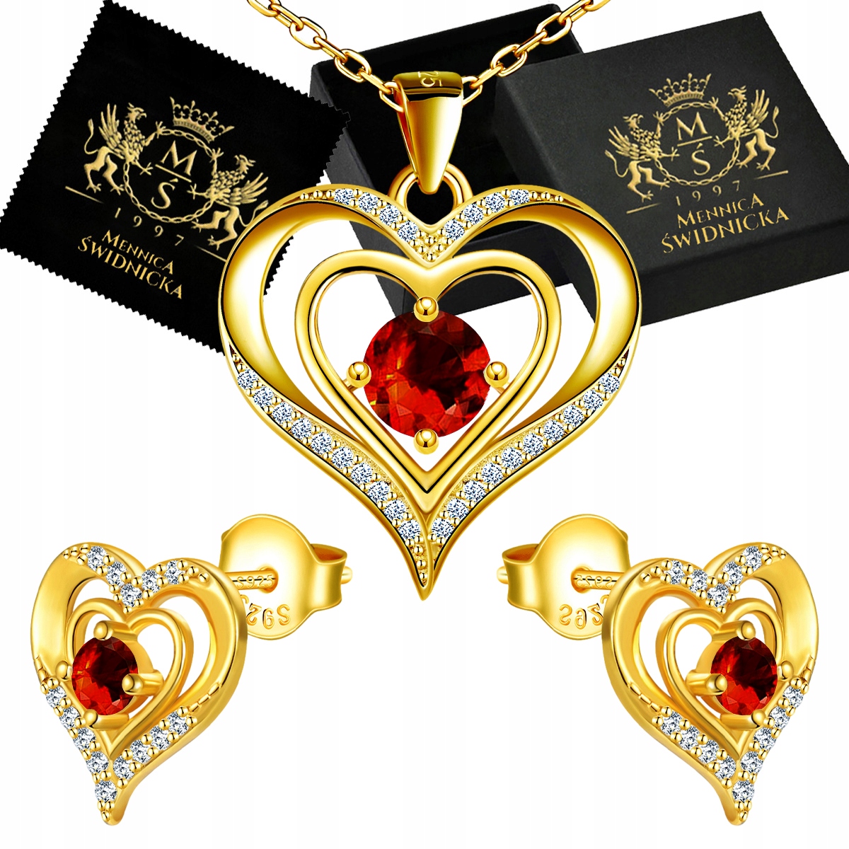 Sada šperků Zlaté Stříbro 925 Srdce Náušnice Přívěsek Řetízek