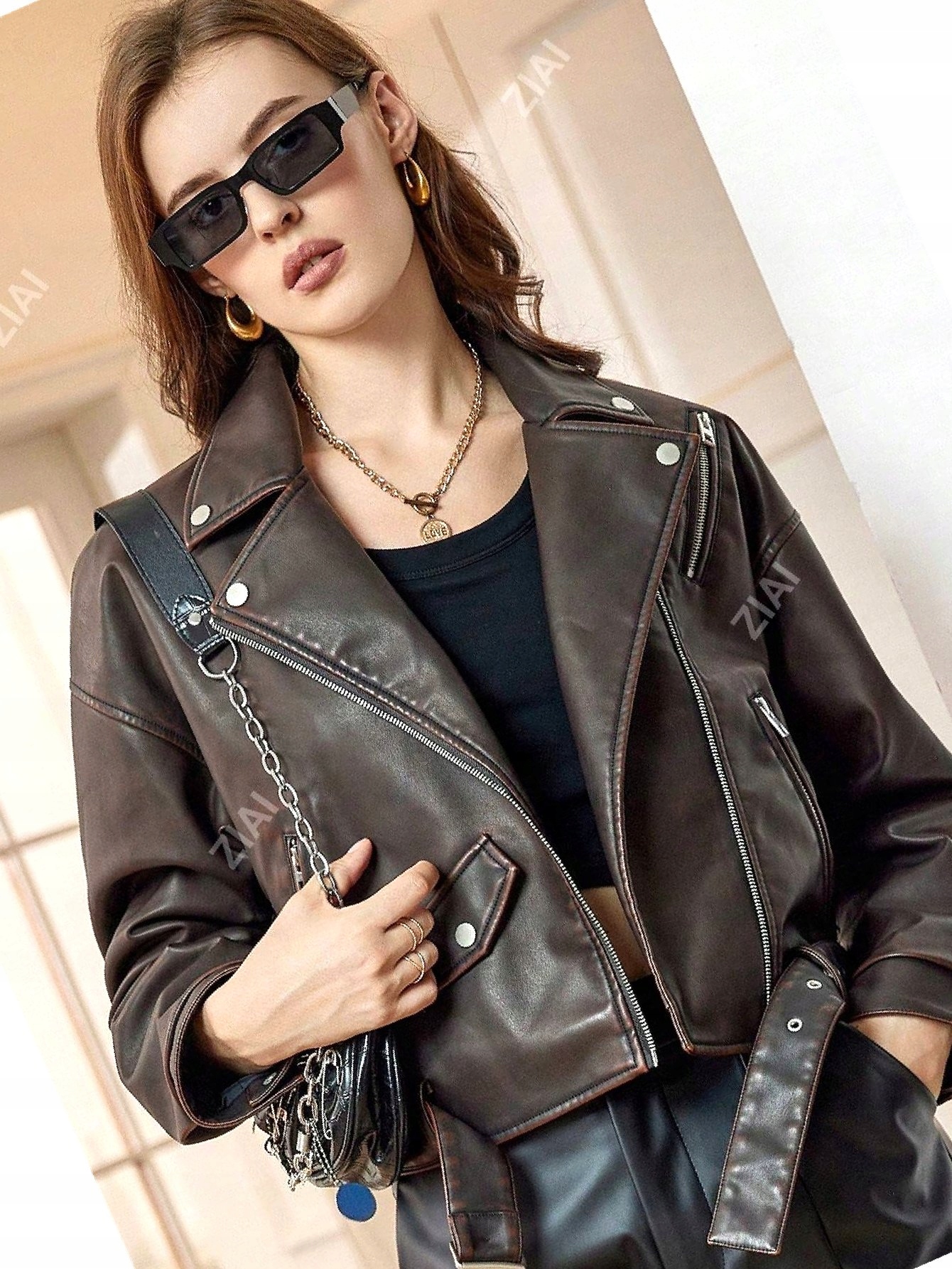 Kožená bunda Ekokůže Ziai Hnědá na každý den Biker M 38