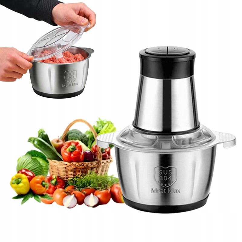 Elektryczny Rozdrabniacz do Mięsa 300W Malakser do Owoców i Warzyw Mocny Stalowy 2L