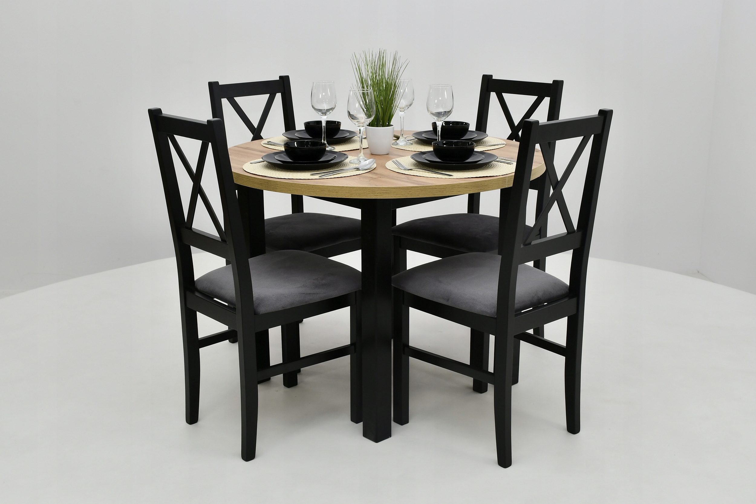 Śliczny okrągły ROZKŁADANY stół 100 cm + 6 drewnianych krzeseł krzyżak Marka Sandow