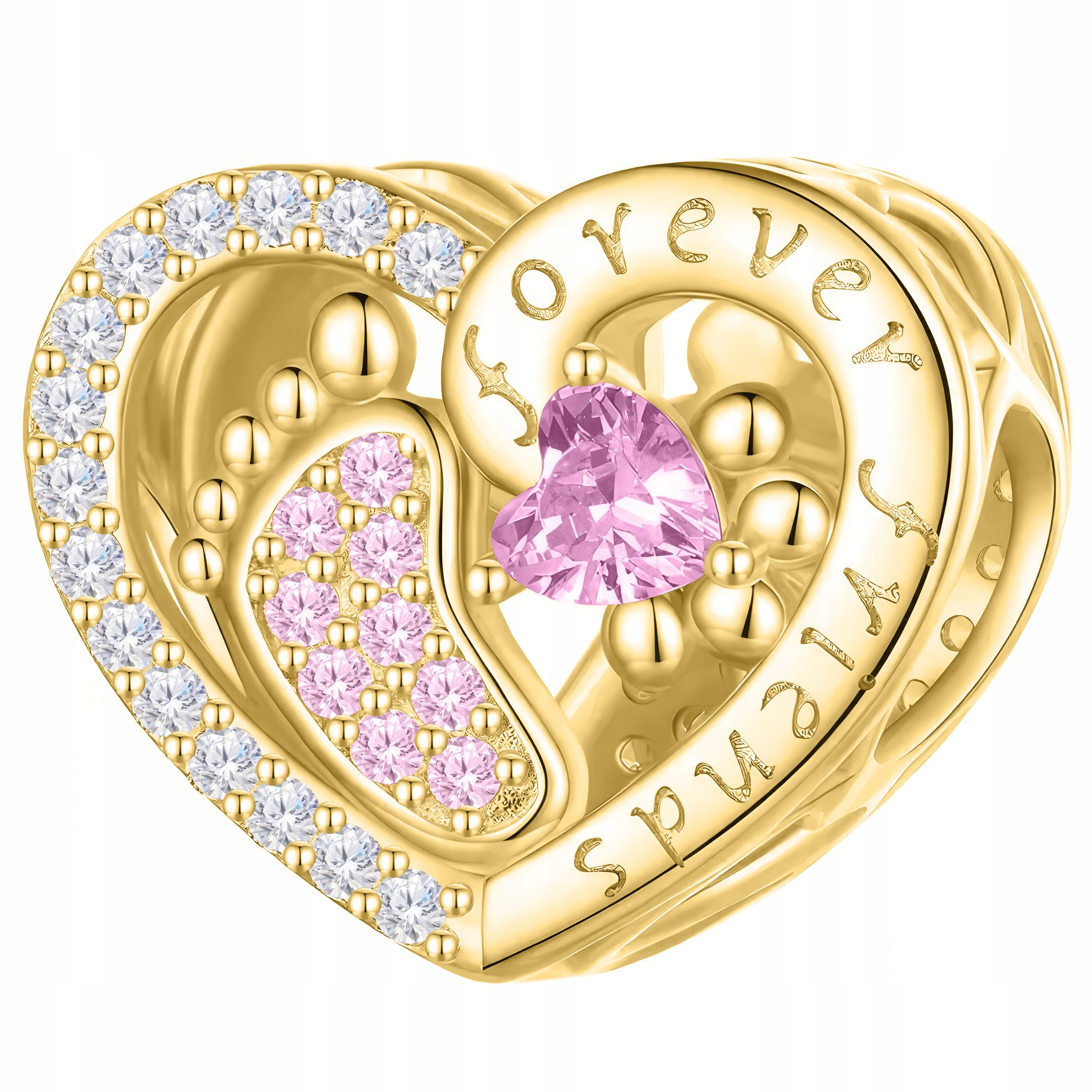 Zlatý Charms Srdce Nohy Chodidla Dítěte Dětské Zirkony Stříbro 925