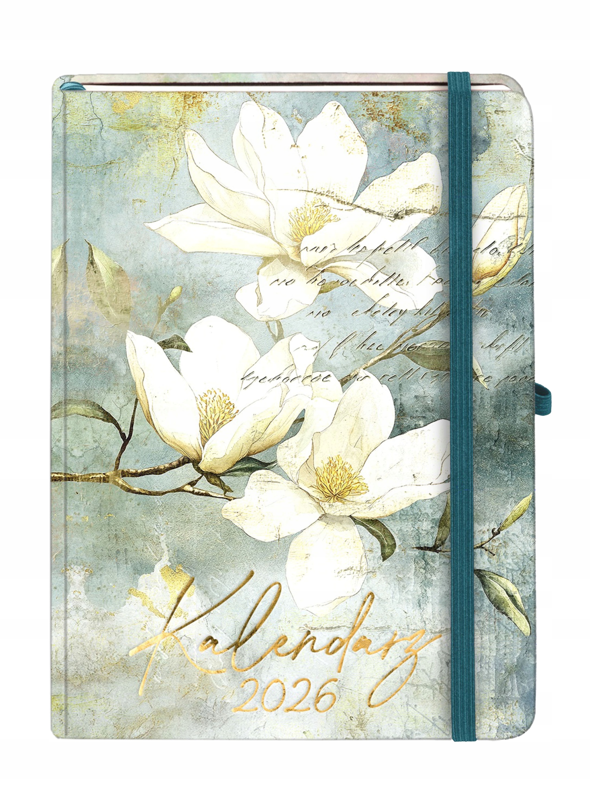 A5 Kalendarz 2026 Dzienny książkowy Botanical Magnoliz Z Gumką