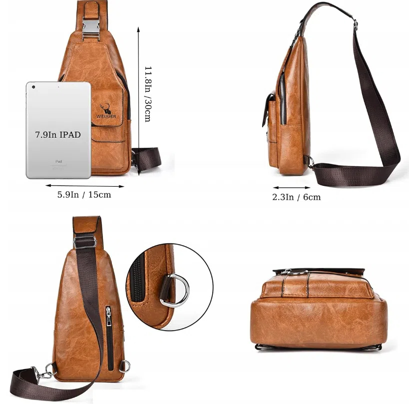 SKÓRZANY TORBA NA RAMIĘ MĘSKA NERKA PLECAK CROSSBODY BRĄZOWY Długość paska 120 cm