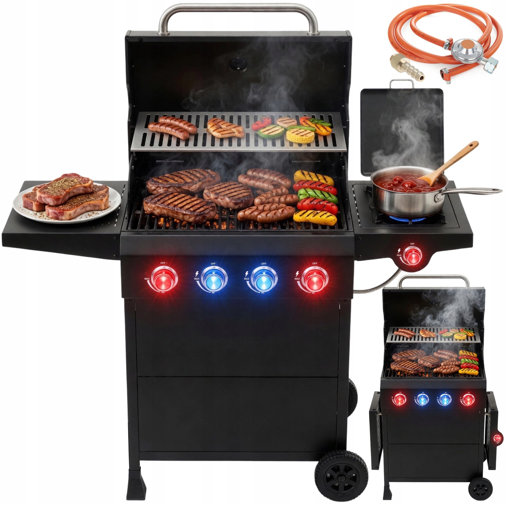 Grill Gazowy Ogrodowy Nierdzewny Ruszt 4+1 Szafka Dodatkowy Palnik