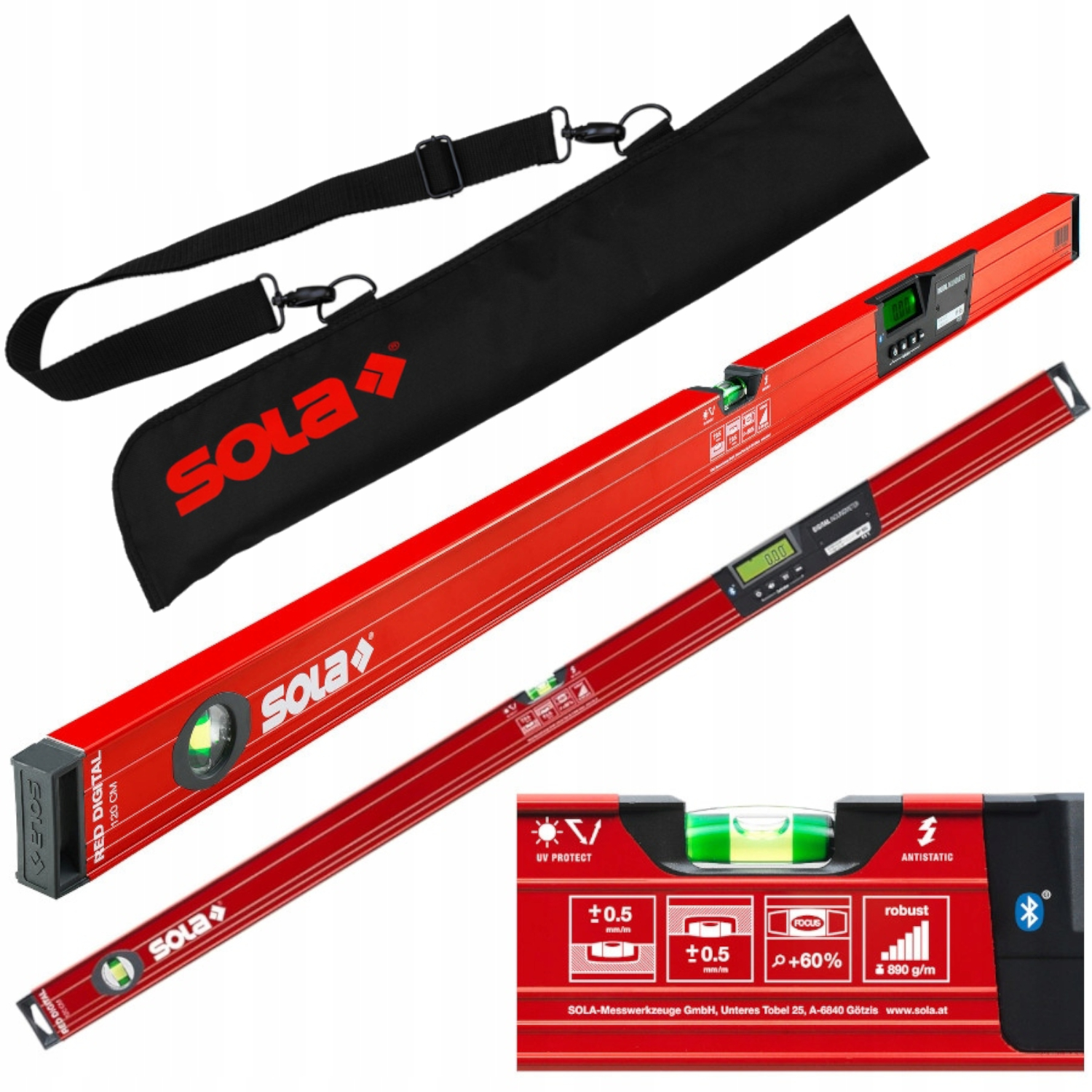 Poziomica elektroniczna 120cm z Bluetooth Red 120 Sola 01731401 torba