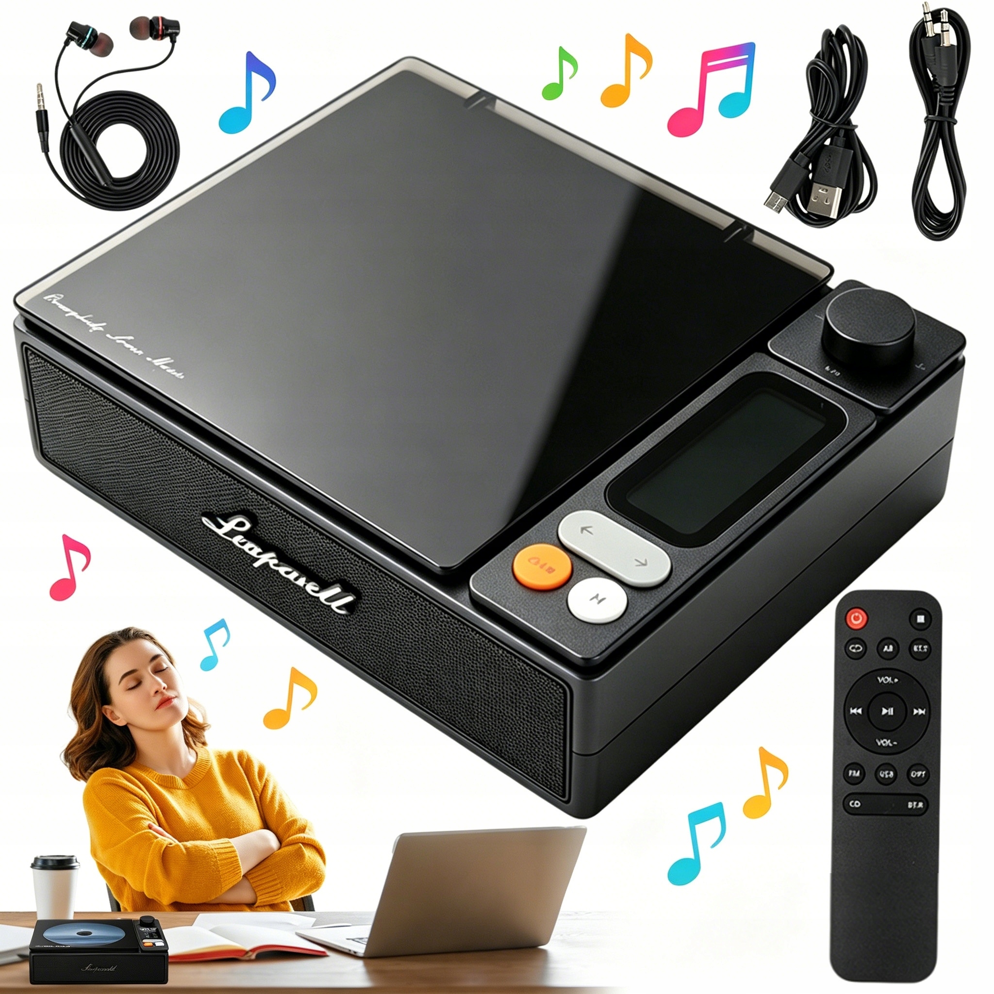 Bezdrátový Bluetooth CD Přehrávač Černý Retro Domácí Fm 4000MAH