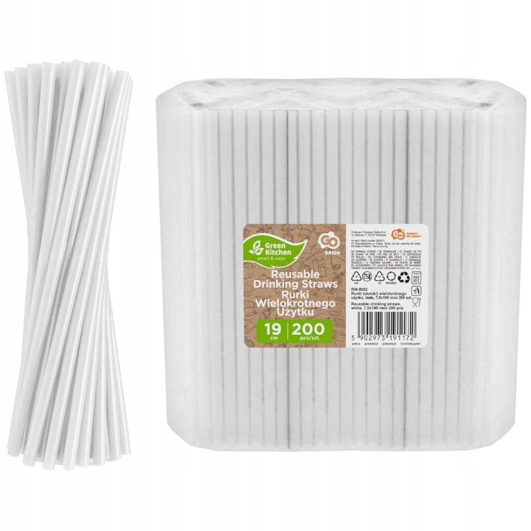 SŁOMKI Rurki Plastikowe WIELOKROTNEGO UŻYTKU Wielorazowe BIAŁE 200szt.