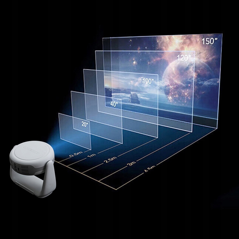 PRZENOŚNY PROJEKTOR RZUTNIK OBROTOWY ANDROID FULLHD AUTOKEYSTONE AKUMULATOR Szerokość produktu 26 cm