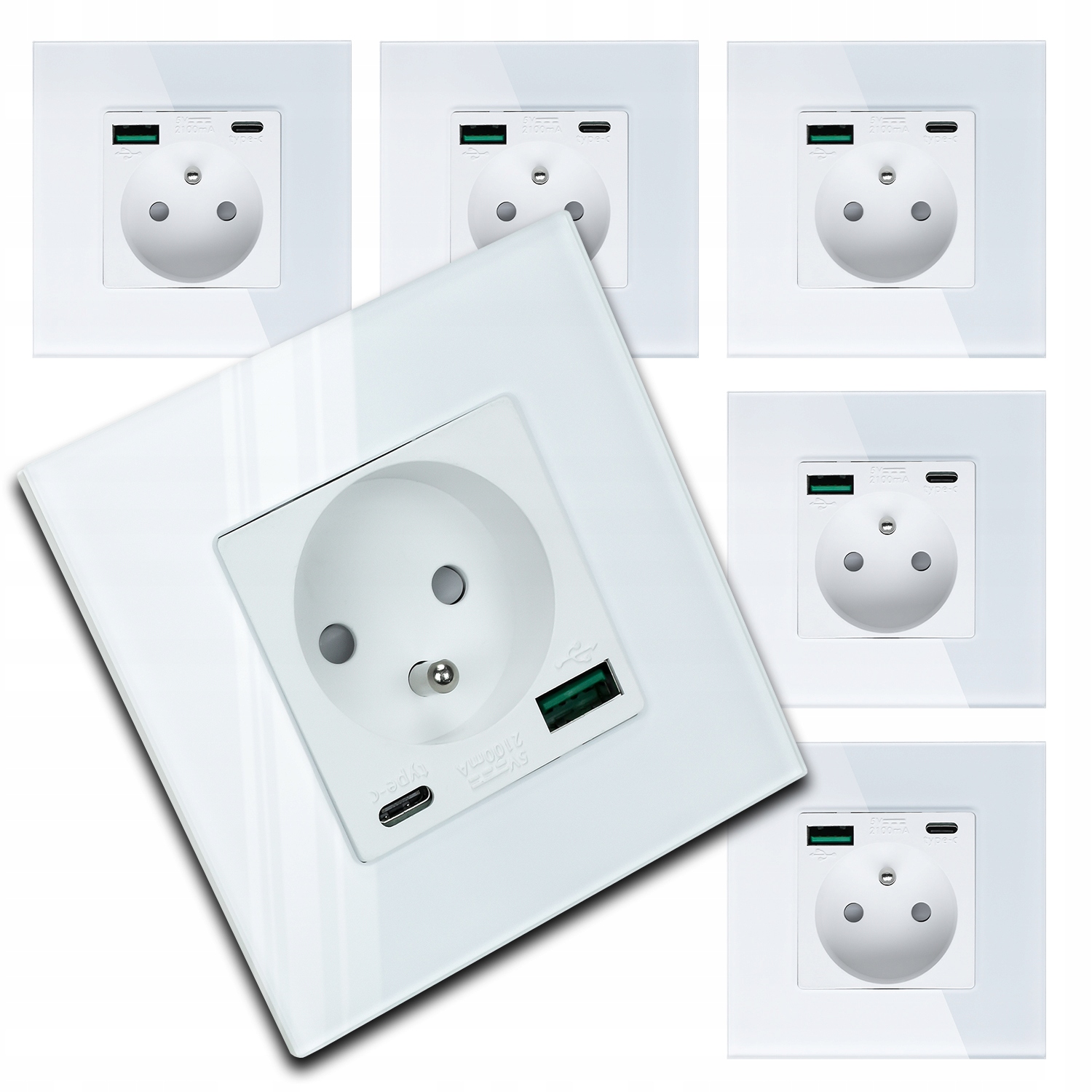 6x Skleněná Bílá Elektrická Zásuvka Kontakt Nástěnná Usb Nabíječka