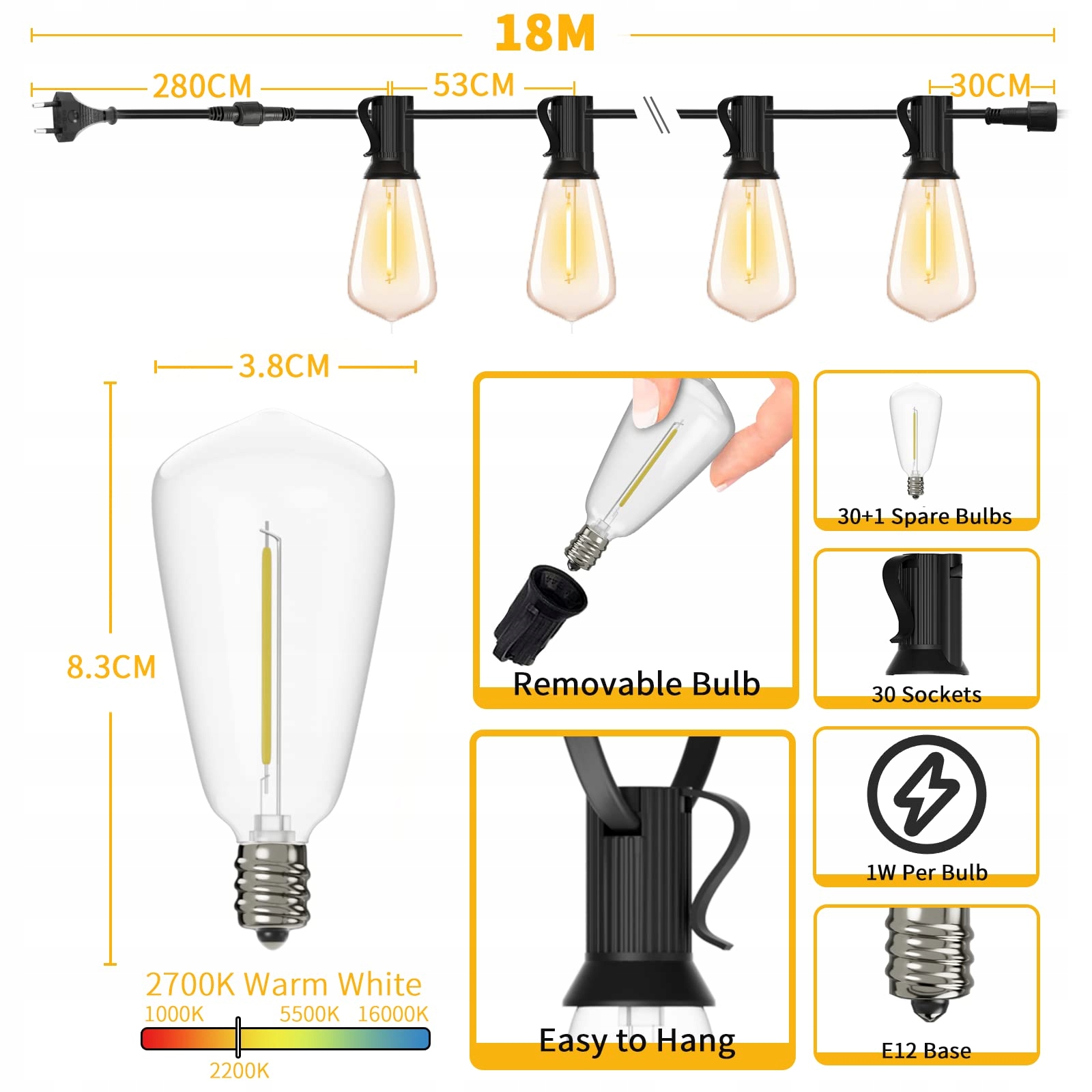 YUUCIO LED Łańcuch Zewnętrzny 18M 30+1 Żarówki IP44 Ogród Taras — miniatura 3