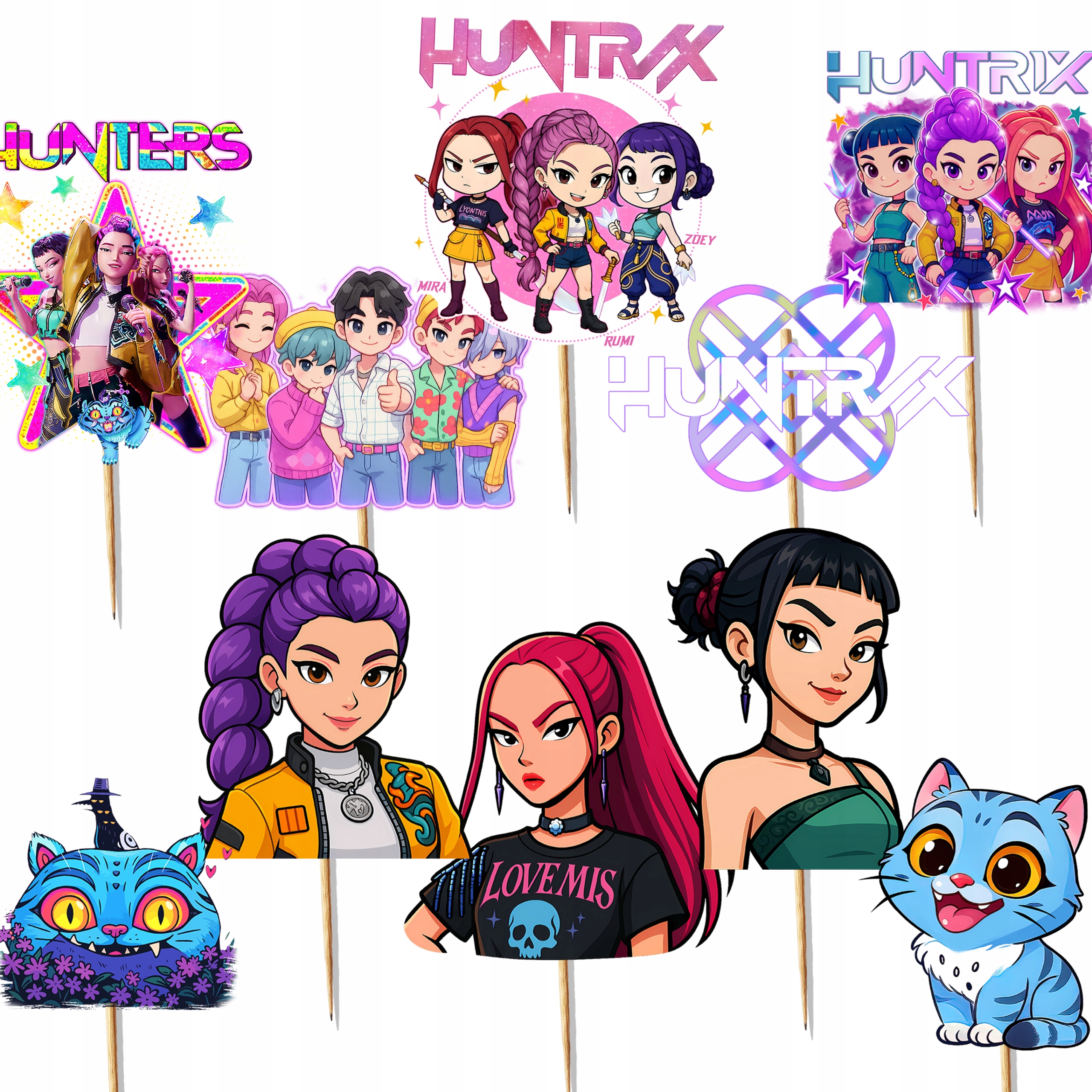 TOPPER PIKERY NA TORT OZDOBNE DEKORACJA - HUNTRIX KPOP DEMON HUNTERS 10szt