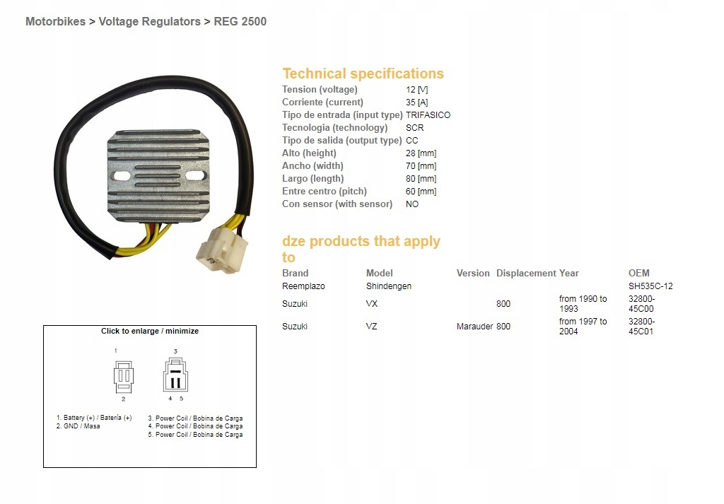 Dze Regulátor Napätia Suzuki VZ800 '97-04, VX800 '90-93 (SH535C-12) (32800