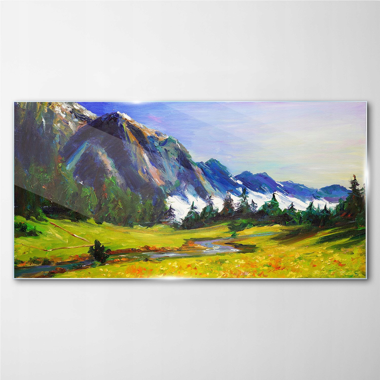 

Obraz szklany na ścianę Łąka las góry niebo 140x70