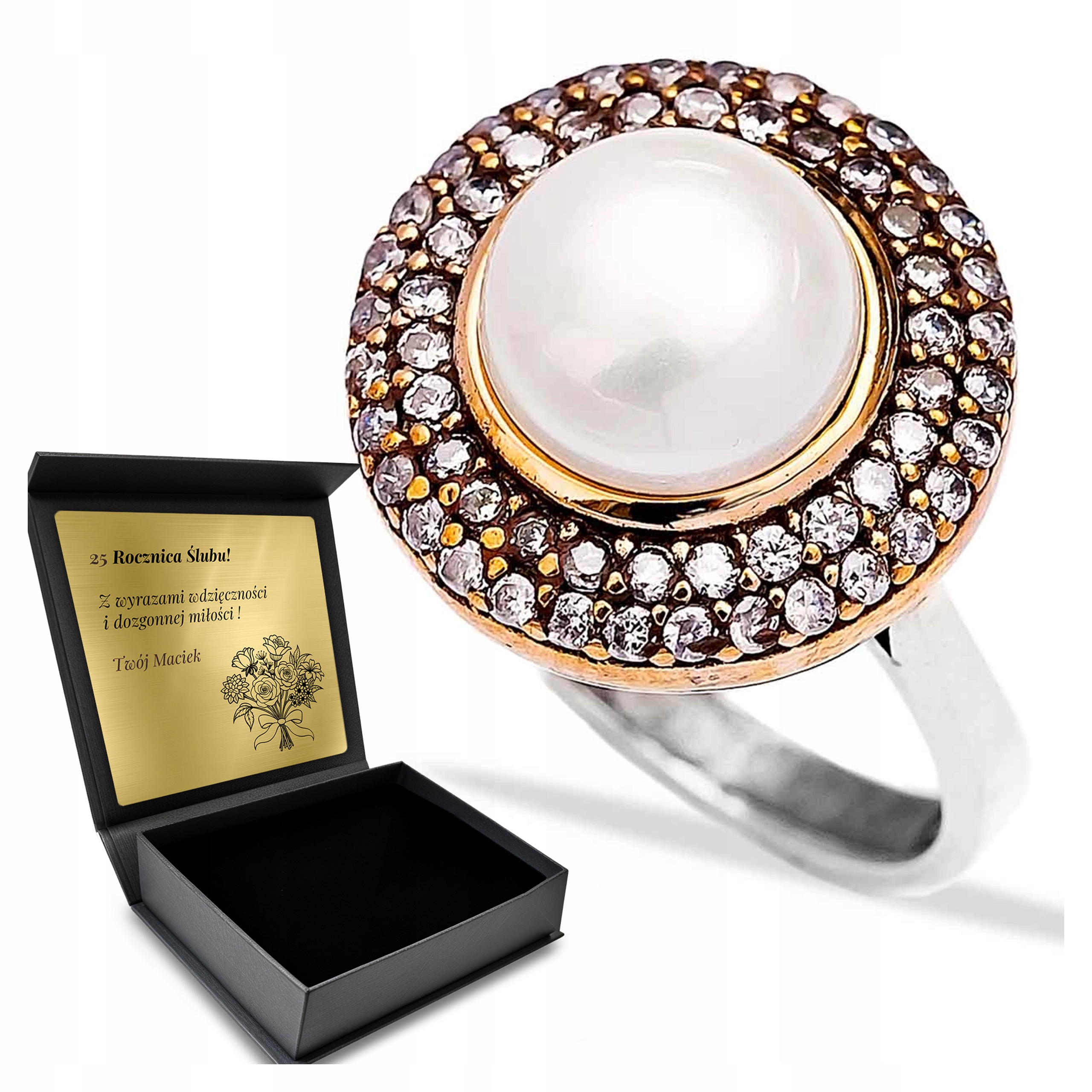 Prstýnek 925 Zirkony Perla Dárek pro ženu Gravírování Bonus