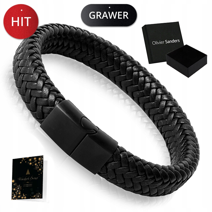 

Skórzana Bransoletka Męska Czarna Tytanowa Grawer