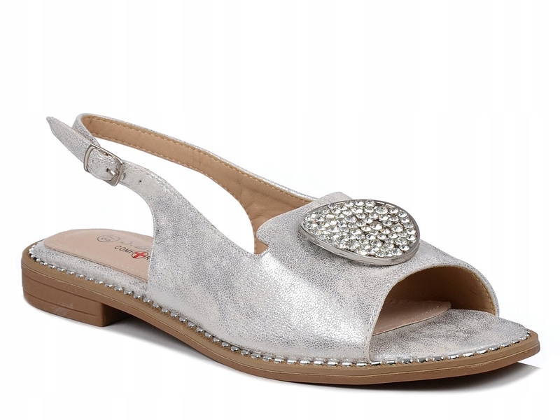 Sandały damskie srebrne S.Barski KV51-083 płaskie z ozdobą wkładka skóra 38